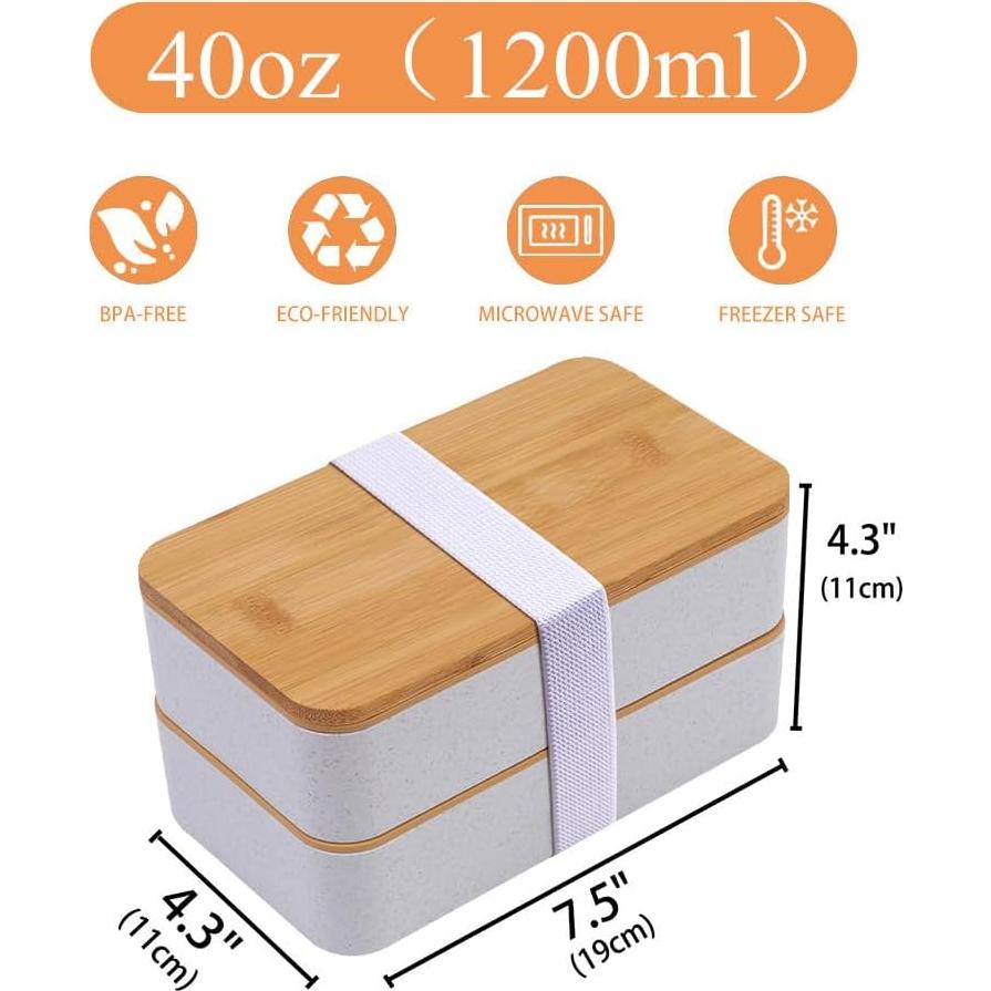 Caja Bento de Bambú Japonés Beige con Compartimentos y Bolsa