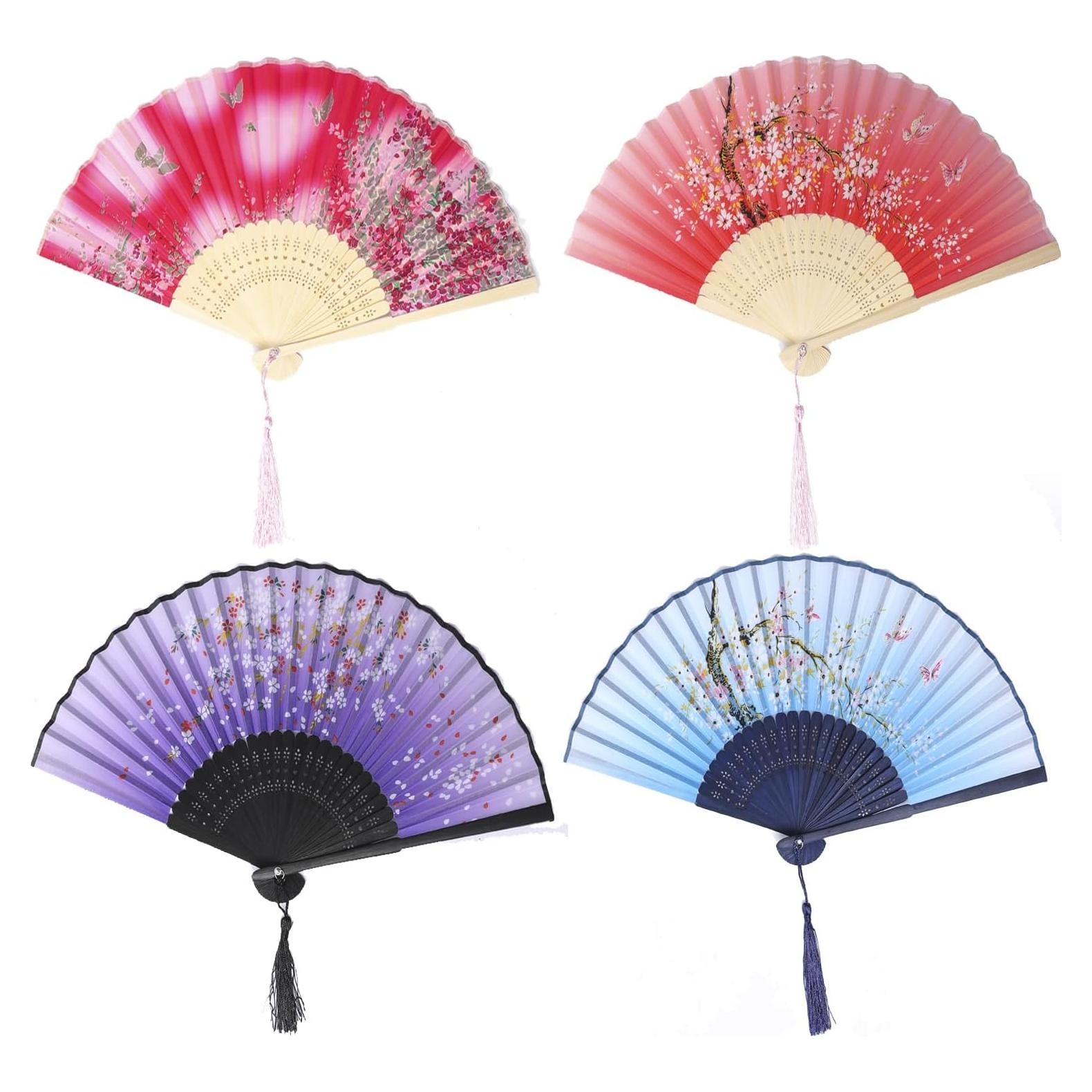 4 Abanicos Plegables de Seda Bestage con Marco de Bambú