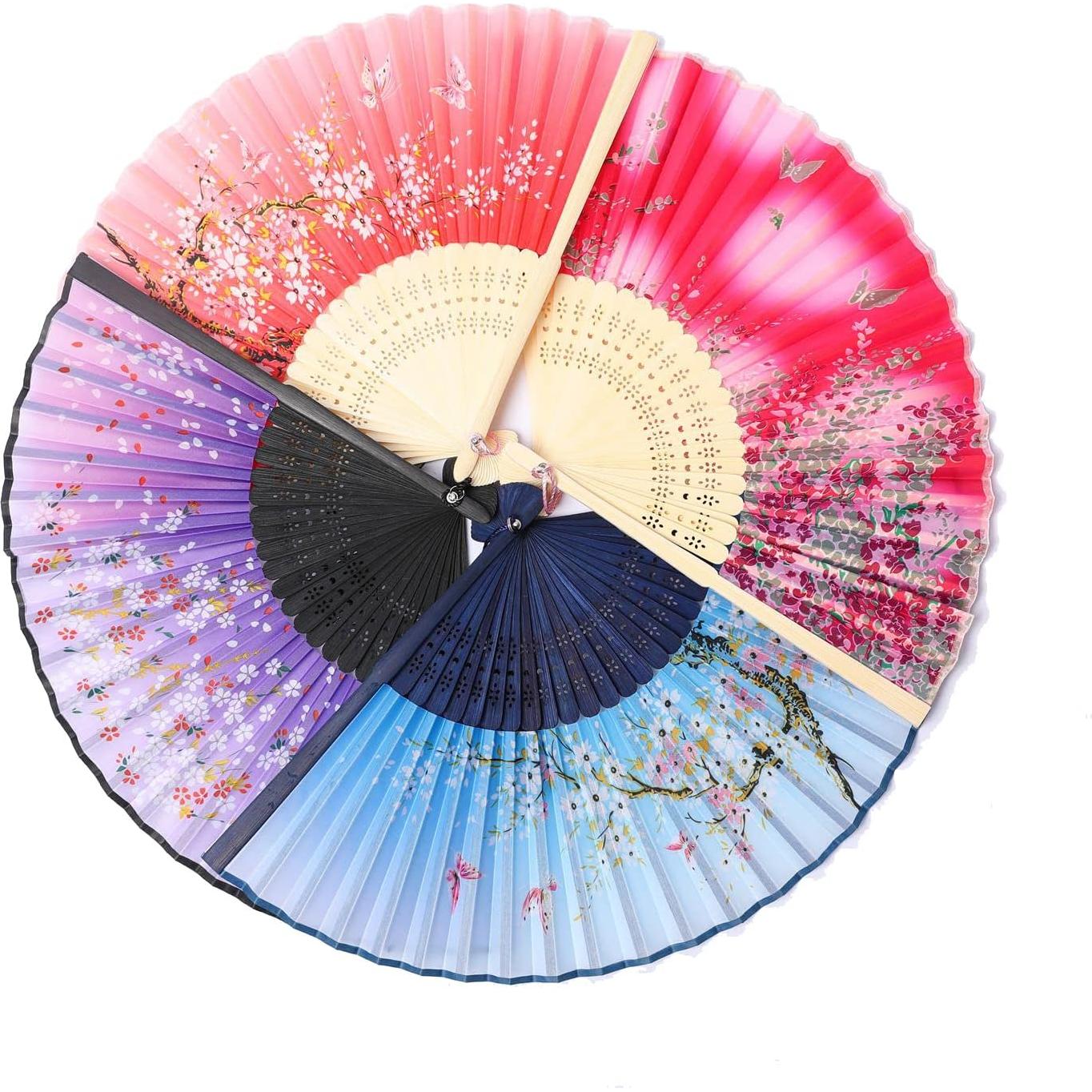 4 Abanicos Plegables de Seda Bestage con Marco de Bambú