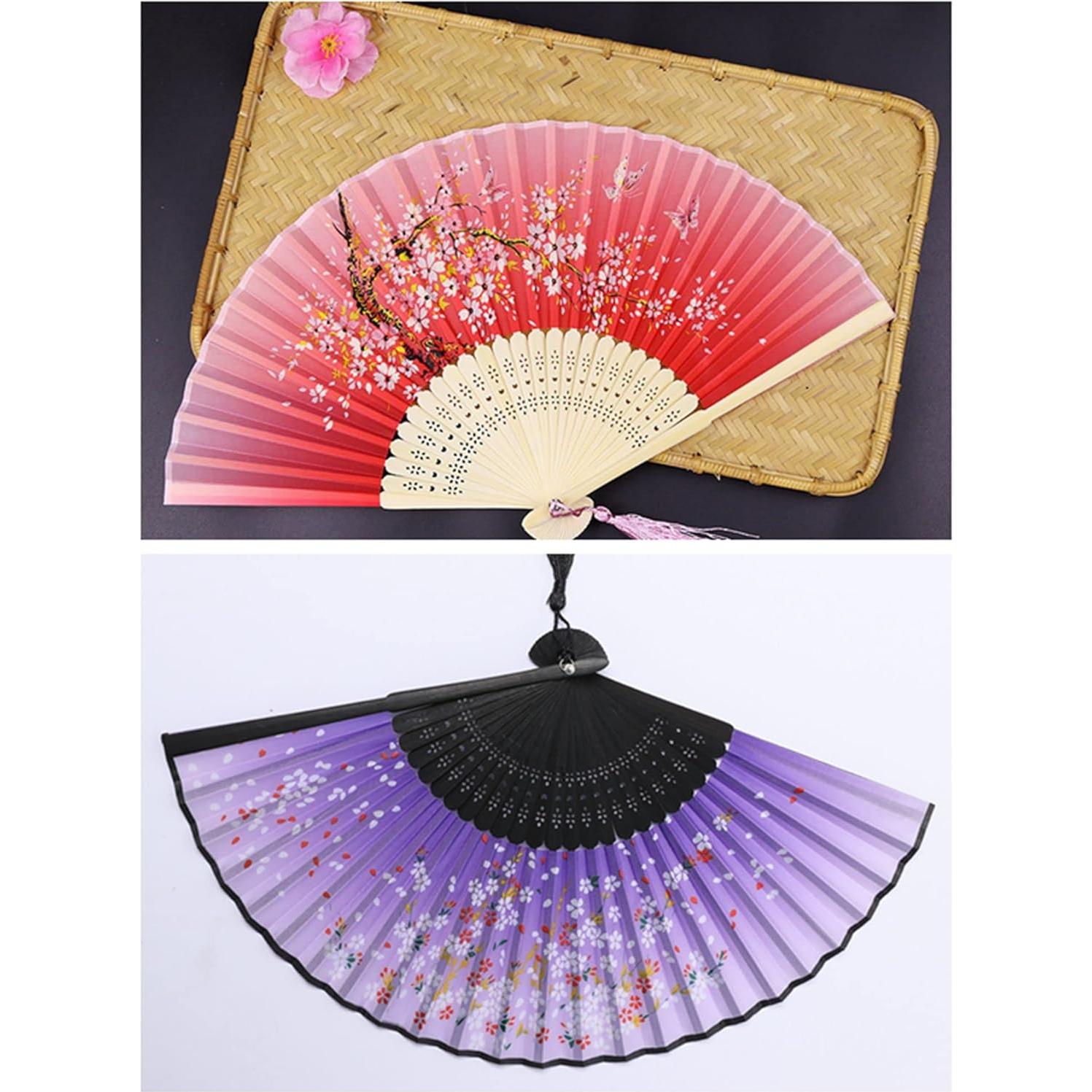 4 Abanicos Plegables de Seda Bestage con Marco de Bambú