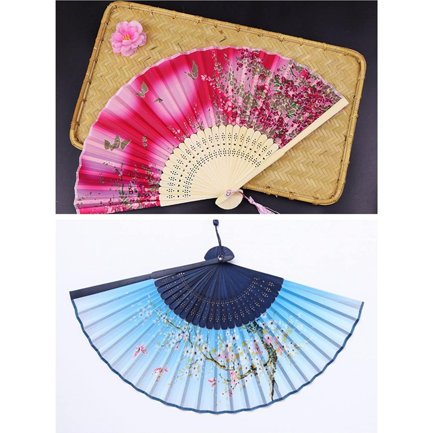 4 Abanicos Plegables de Seda Bestage con Marco de Bambú