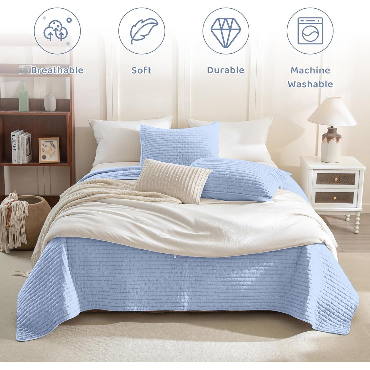 Cubrecama de Algodón Sanracie Queen Azul Aciano 3 Piezas