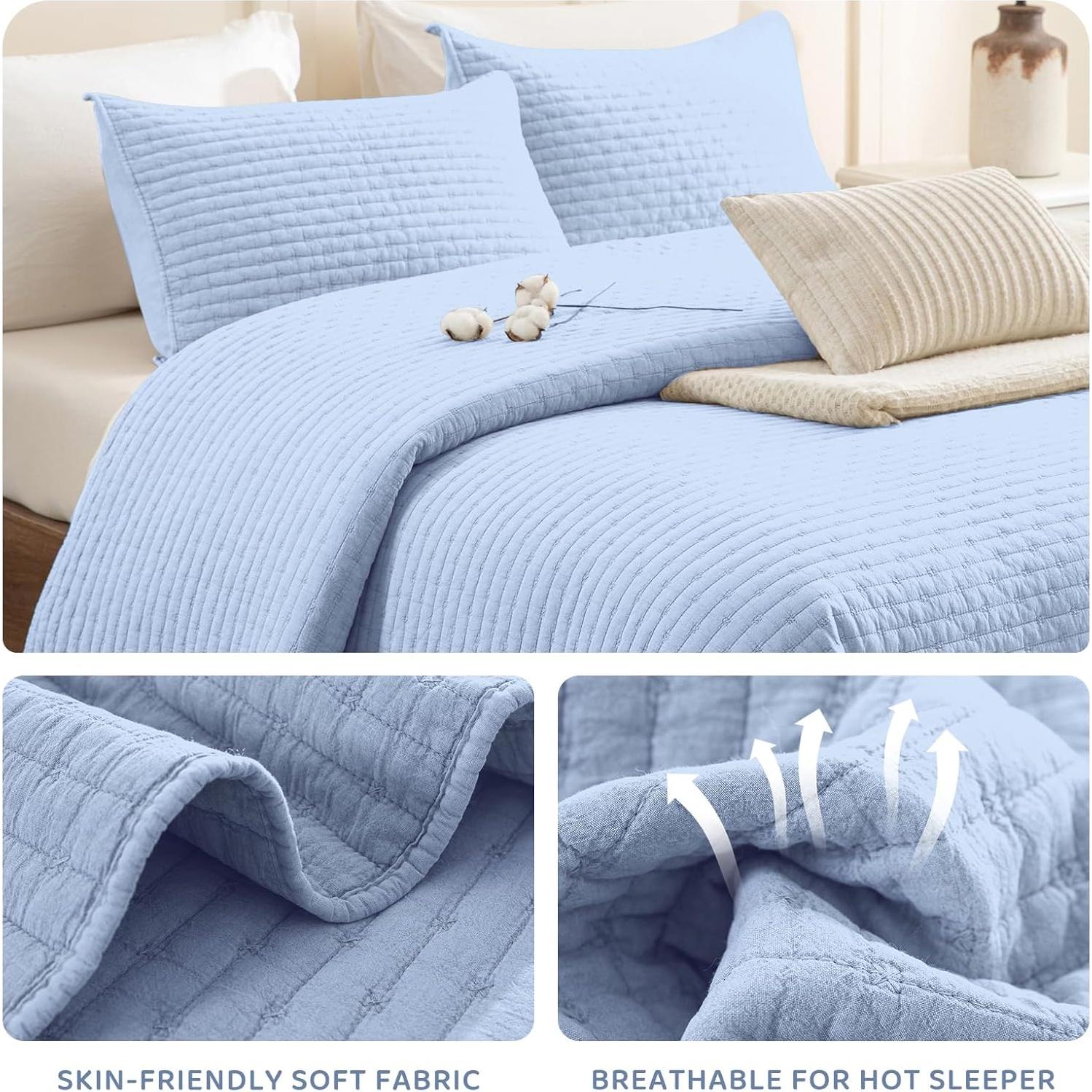 Cubrecama de Algodón Sanracie Queen Azul Aciano 3 Piezas