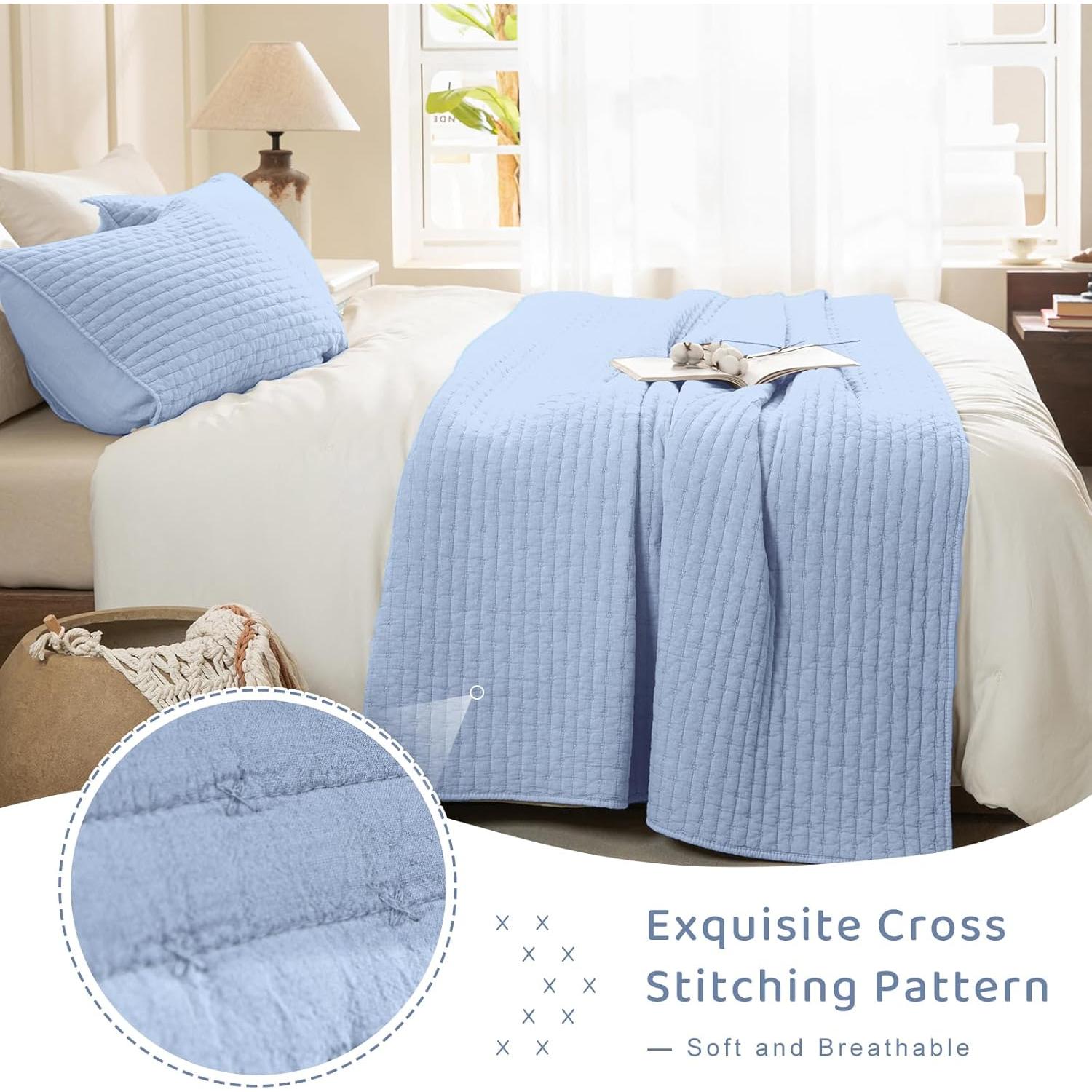 Cubrecama de Algodón Sanracie Queen Azul Aciano 3 Piezas