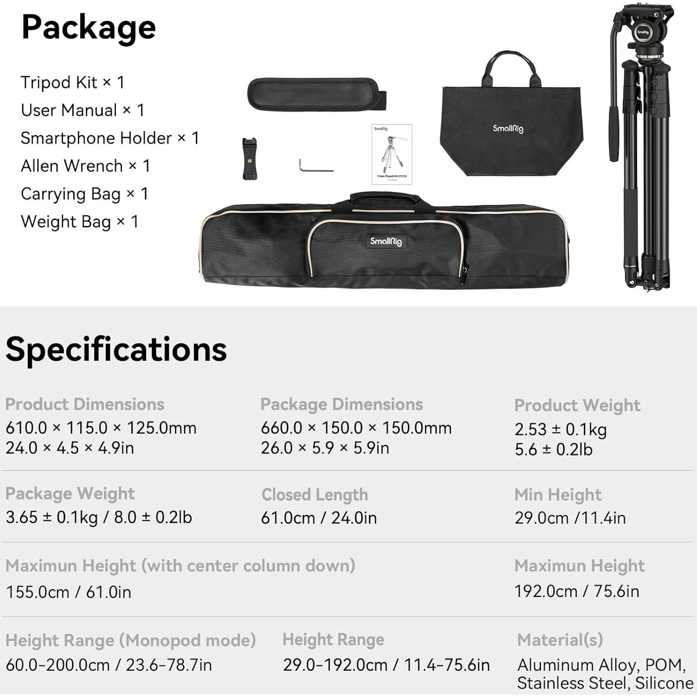 Trípode de Video SmallRig CT210 75cm con Cabeza Fluida