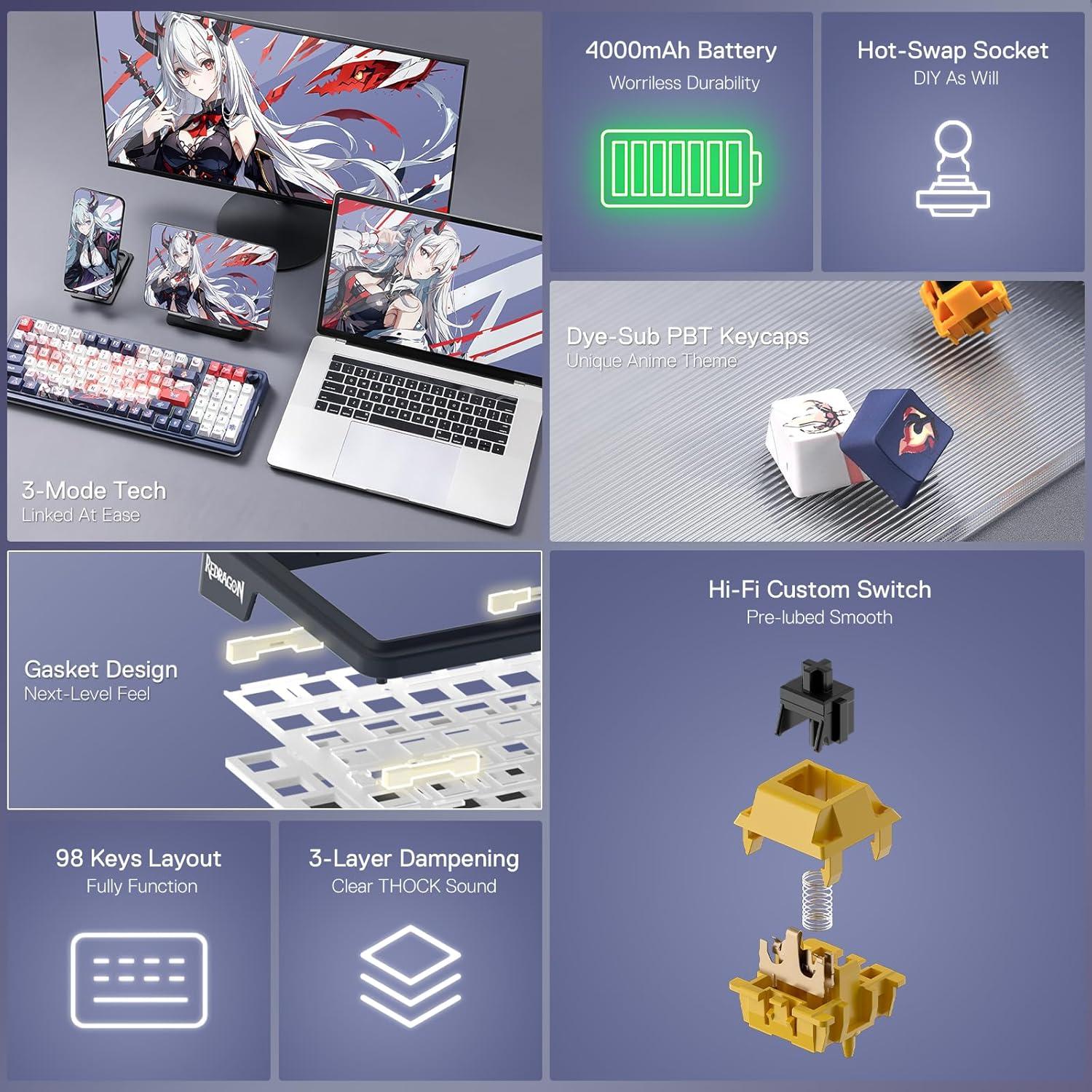 Teclado Mecánico Inalámbrico Redragon K686 PRO 98 Teclas RGB