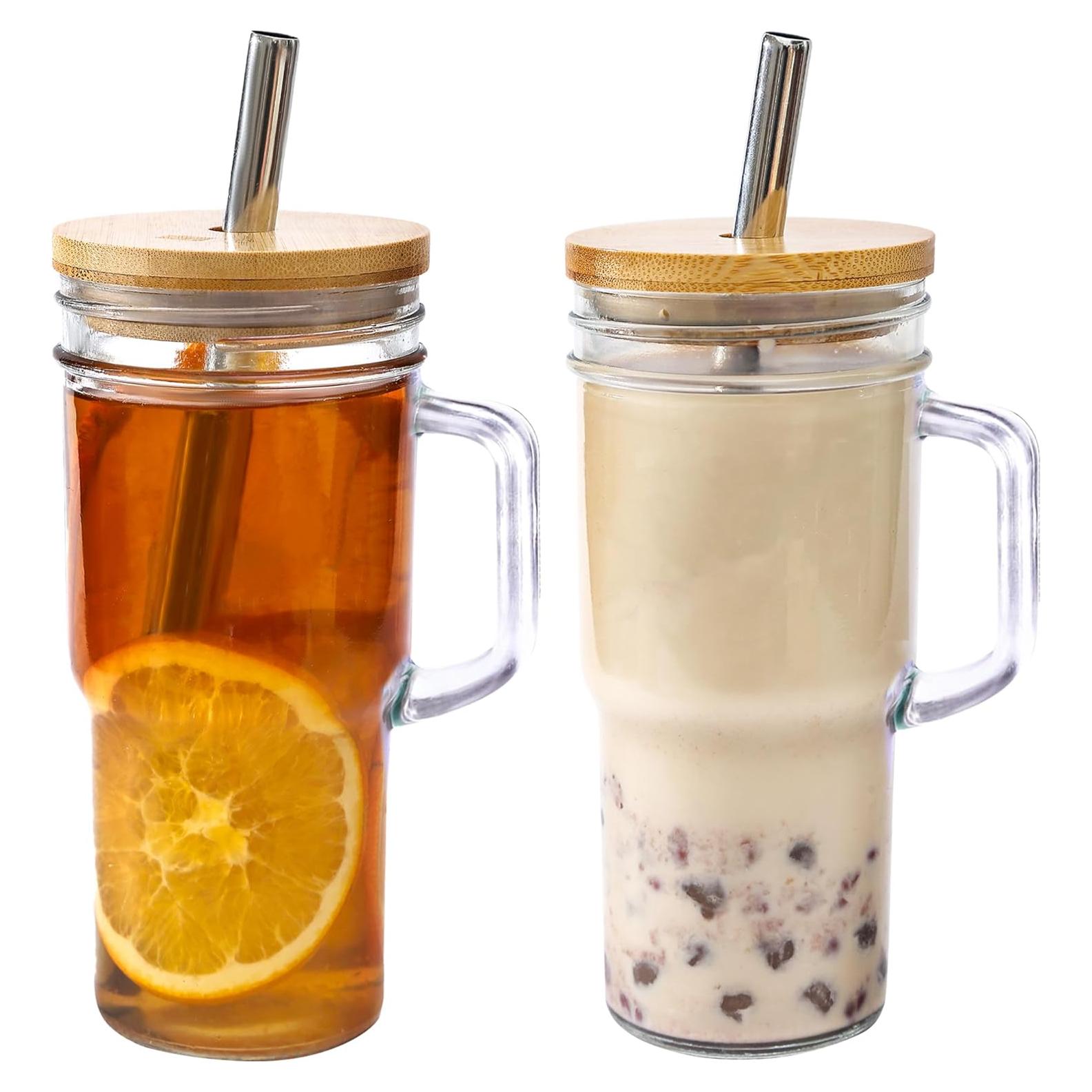 Tazas de vidrio 24oz con tapas de bambú y popotes acero inoxidable
