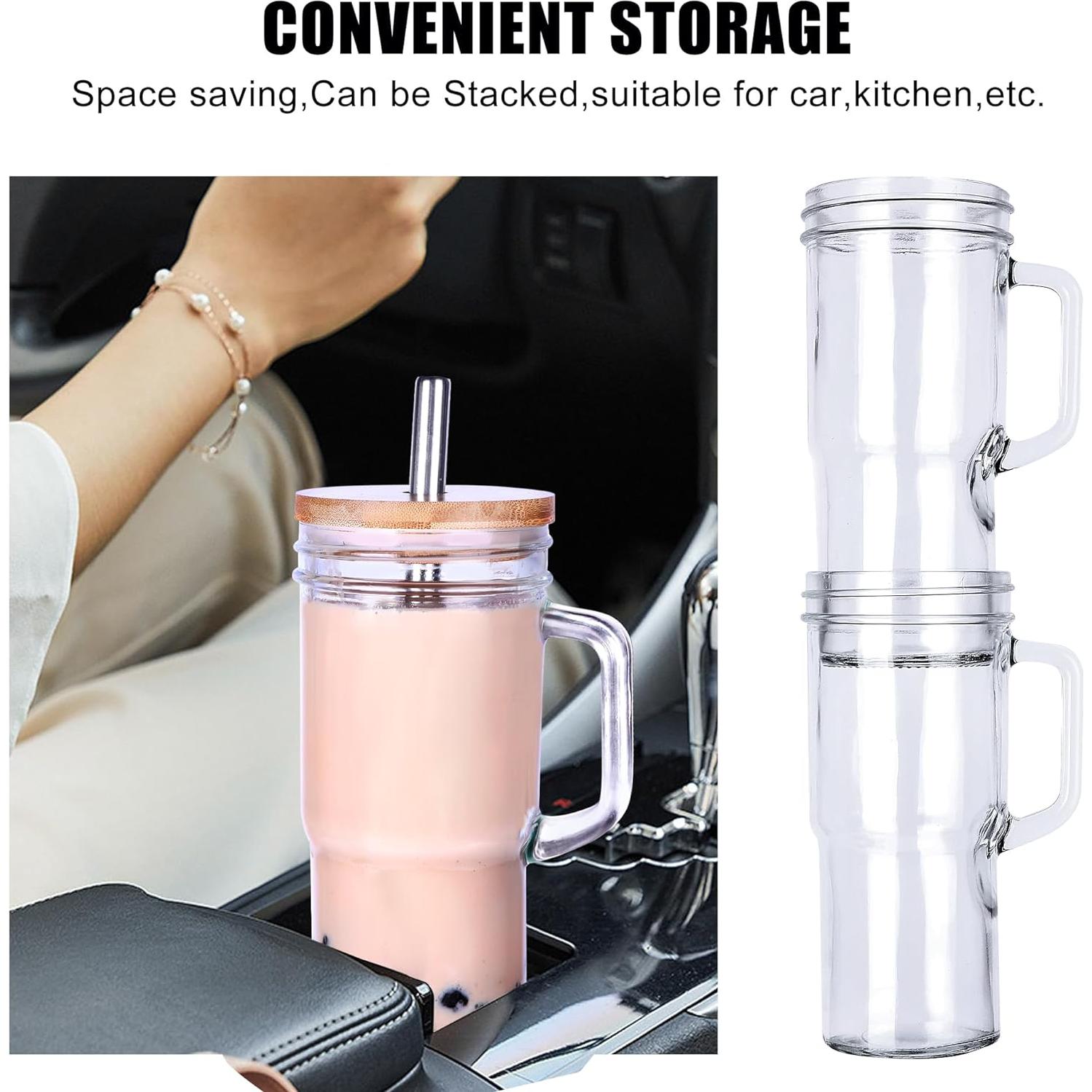 Tazas de vidrio 24oz con tapas de bambú y popotes acero inoxidable