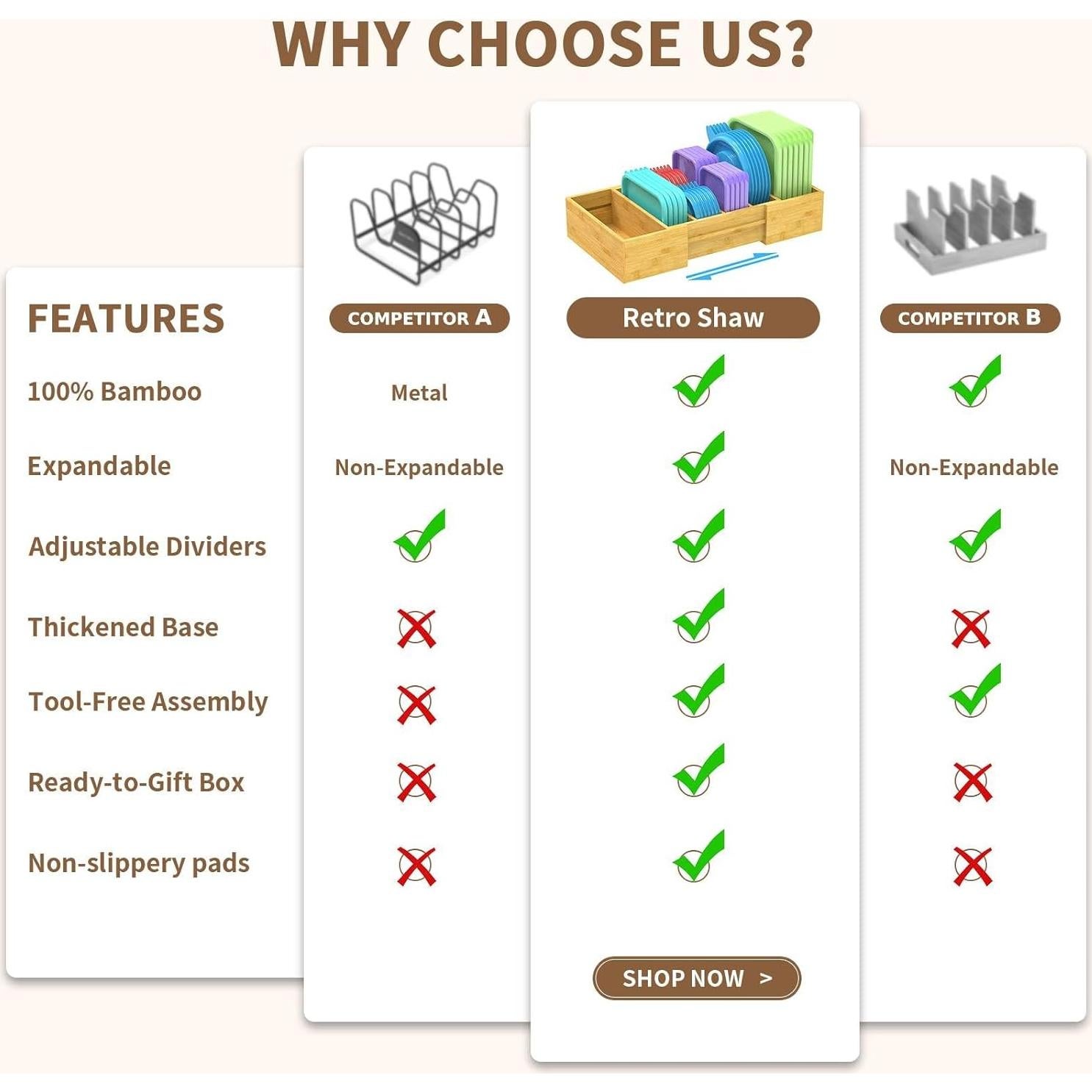 Organizador de Tapas Expandible Retro Shaw de Bambú Grande