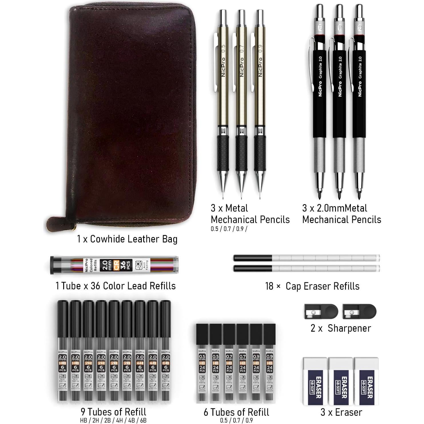 Conjunto de Lápices Mecánicos Nicpro 30PCS con Estuche de Cuero