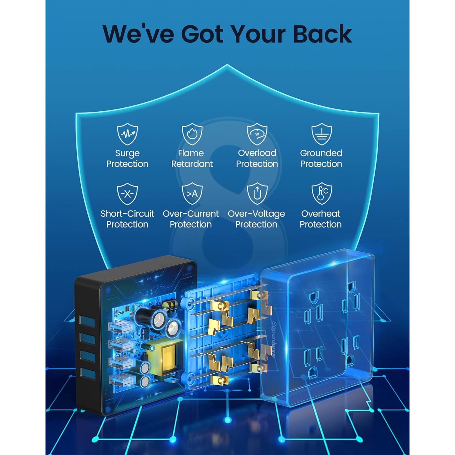 Toma de Corriente 1.5m SUPERDANNY 4 Salidas AC y 4 USB