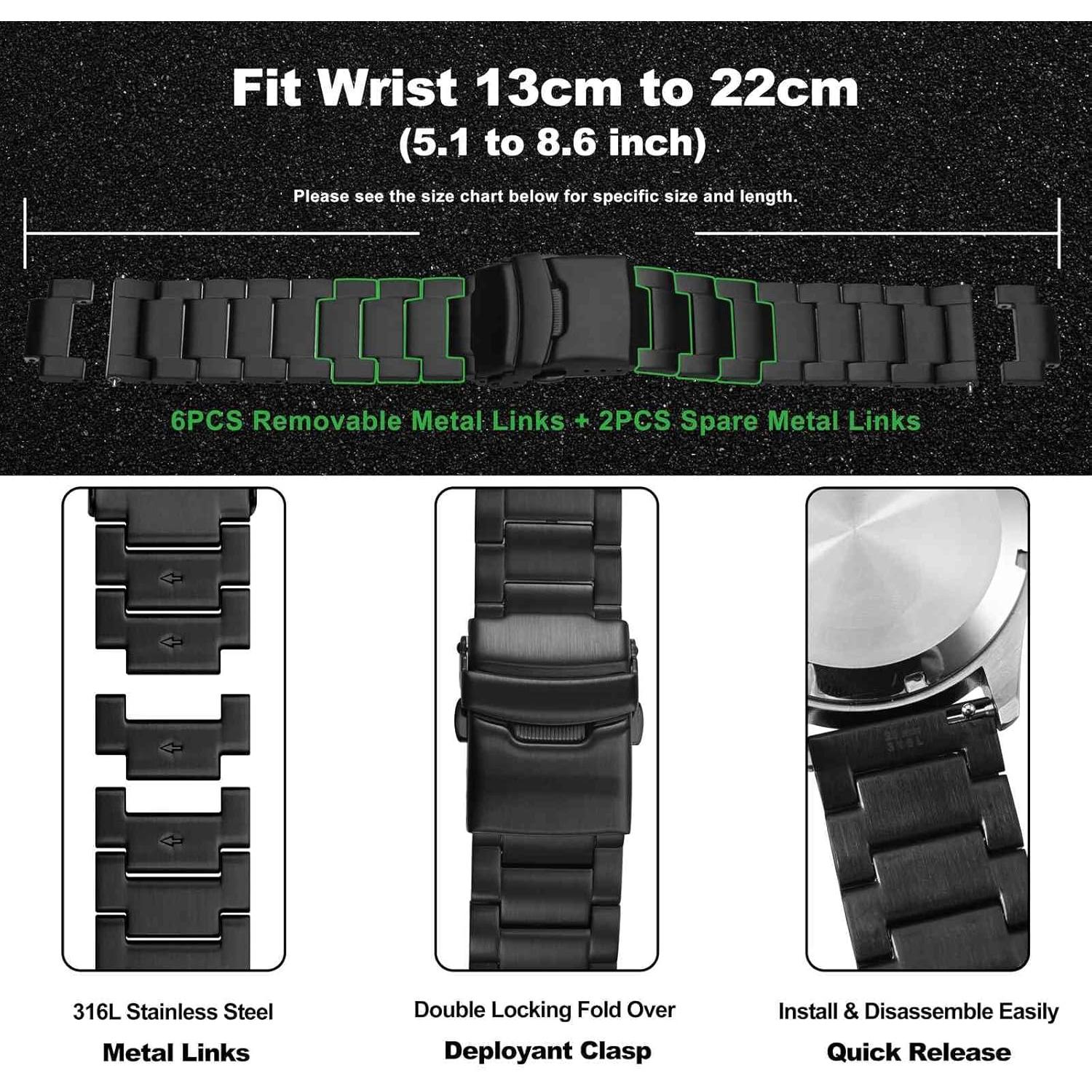 Banda de Reloj de Metal WOCCI 18mm Acero Inoxidable Negro