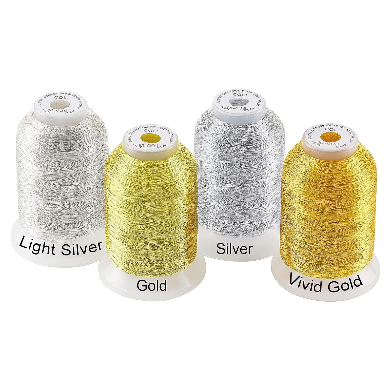 New brothread 4pcs (2 Gold+2 Silver Colors) Metallic Embroidery Machine Thread Kit 500M (550Y) Each Spool for Computerized Embroidery and Decorative Sewing