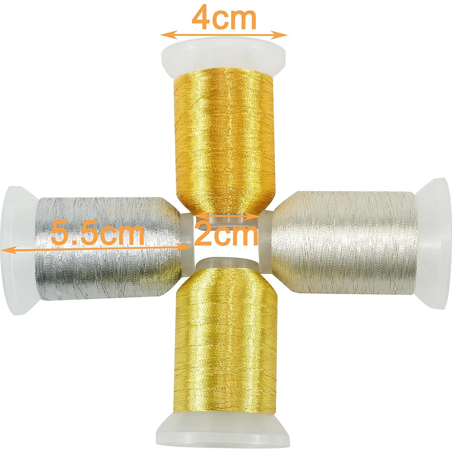 New brothread 4pcs (2 Gold+2 Silver Colors) Metallic Embroidery Machine Thread Kit 500M (550Y) Each Spool for Computerized Embroidery and Decorative Sewing