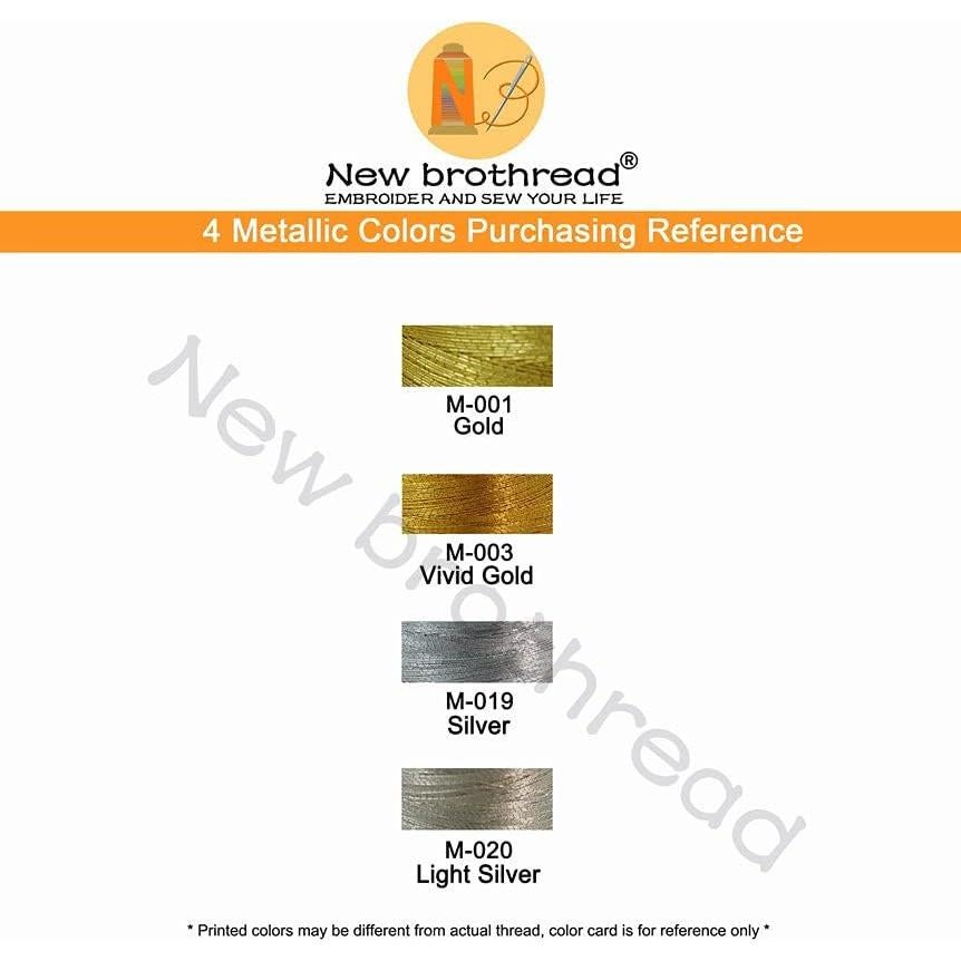 New brothread 4pcs (2 Gold+2 Silver Colors) Metallic Embroidery Machine Thread Kit 500M (550Y) Each Spool for Computerized Embroidery and Decorative Sewing
