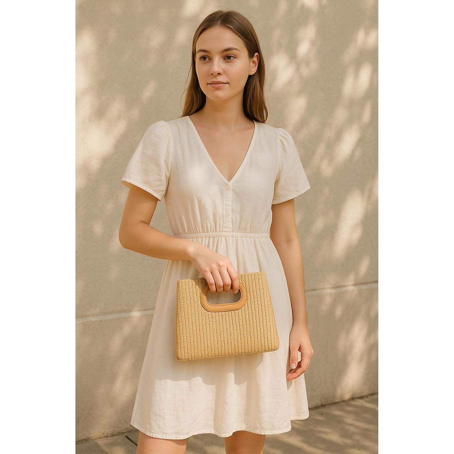 Clutch de Paja Beige Enfuntins con Asa Superior 29.2x5.1x19.1cm