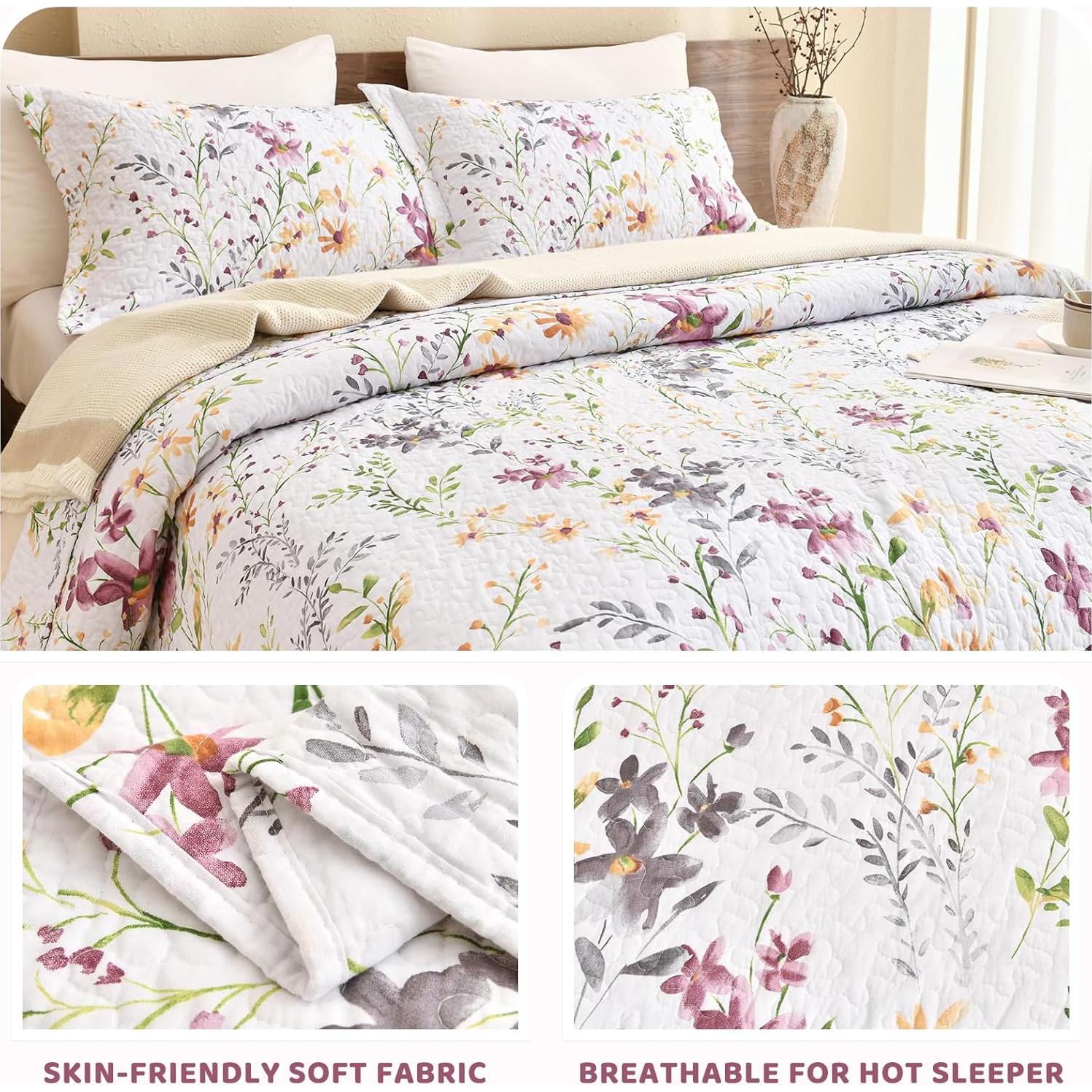 Juego de Colcha Queen 3 Piezas Sanracie Algodón Floral