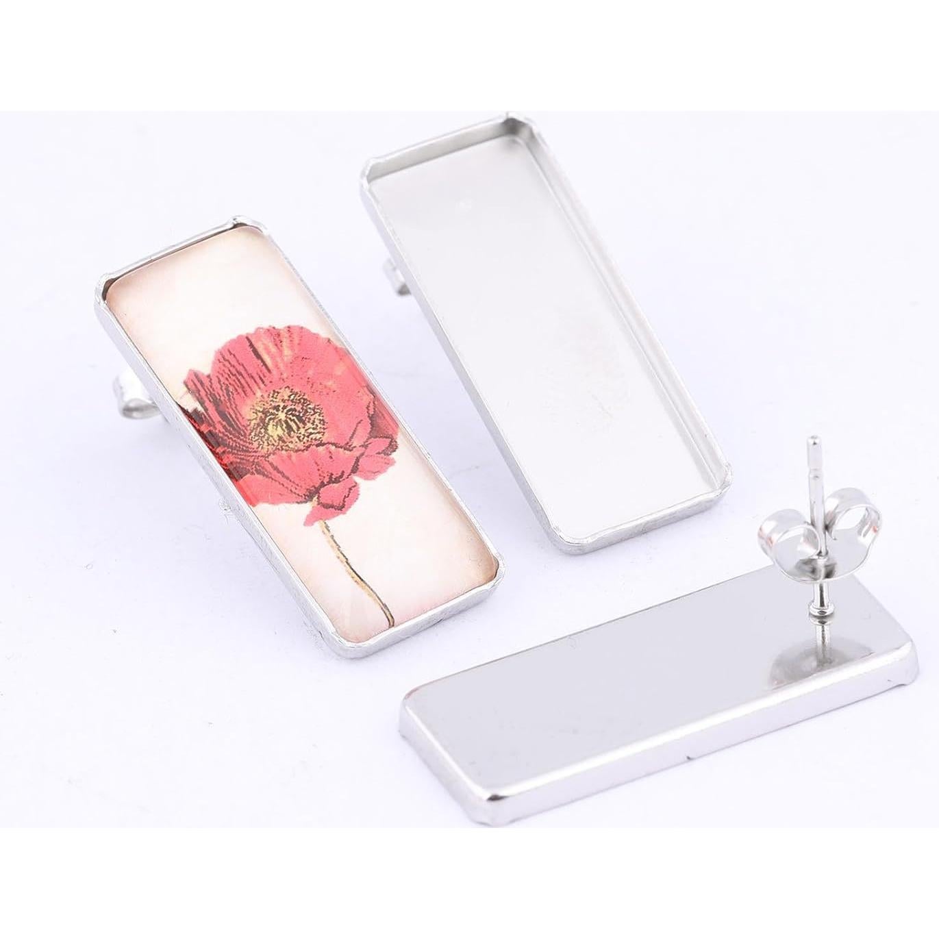 20 Bases de Pendientes Rectangulares Reidgaller 10x25mm Acero Inoxidable