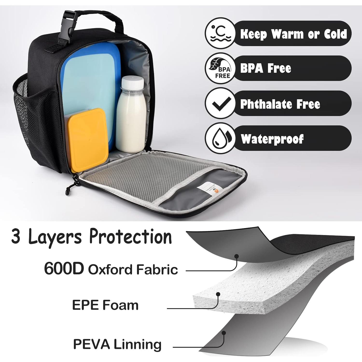 Bolsa de Almuerzo Aislada CaCTOUR para Niños 2 Piezas Azul y Negro