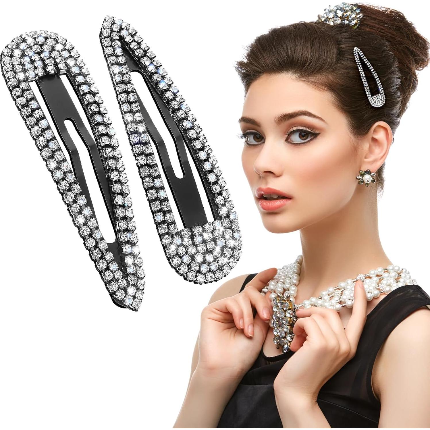 2 Piezas Pinzas para el Cabello WLLHYF con Rhinestones Negros