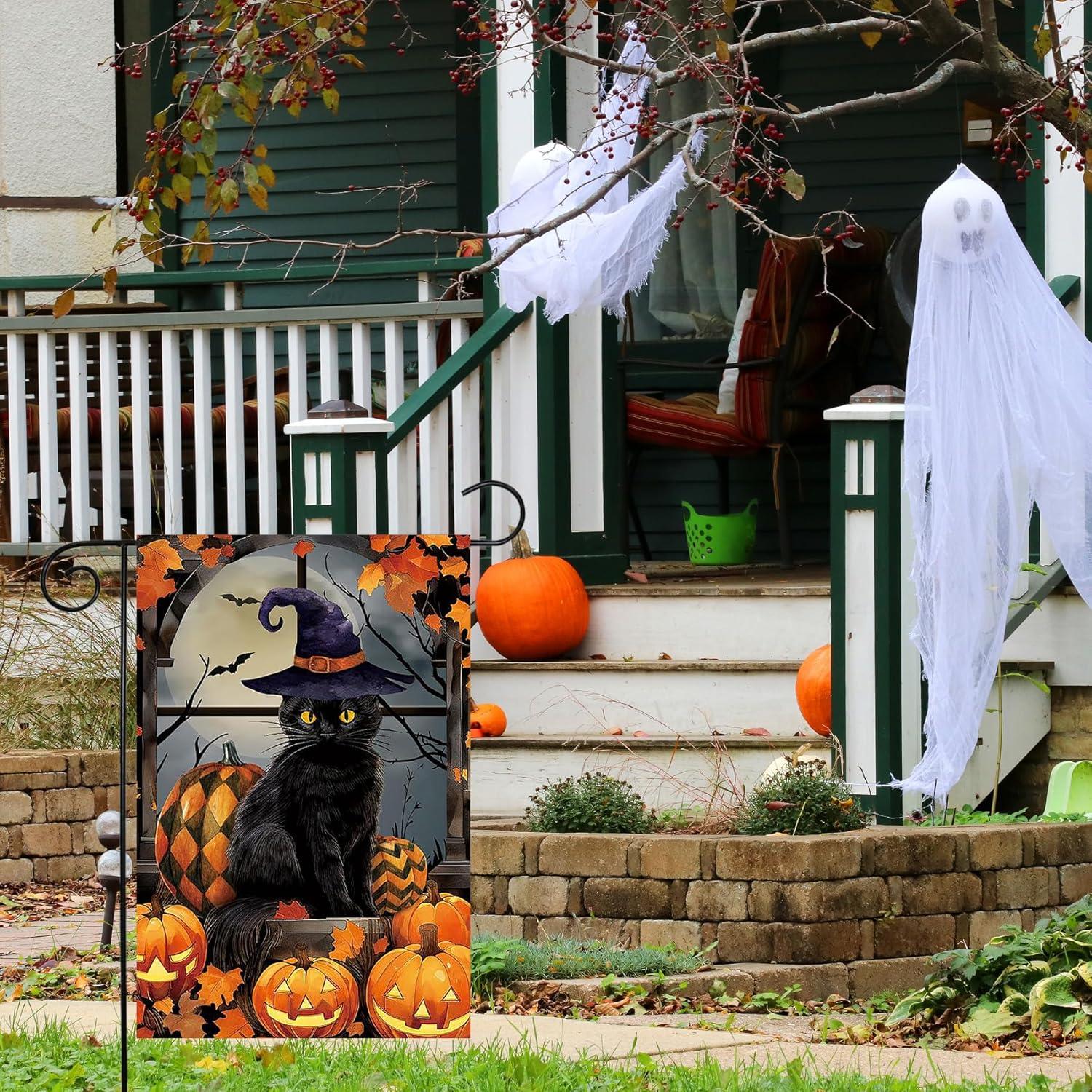 Bandera de Jardín Halloween Texupday 30x45 cm Gato Bruja