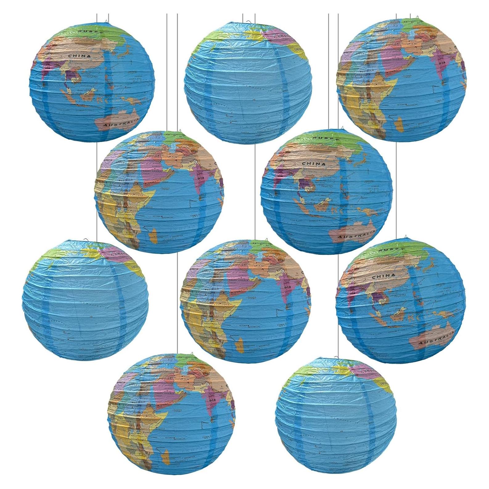 Conjunto de 10 Lámparas de Papel Mapa Mundial JIEFULL 30 cm