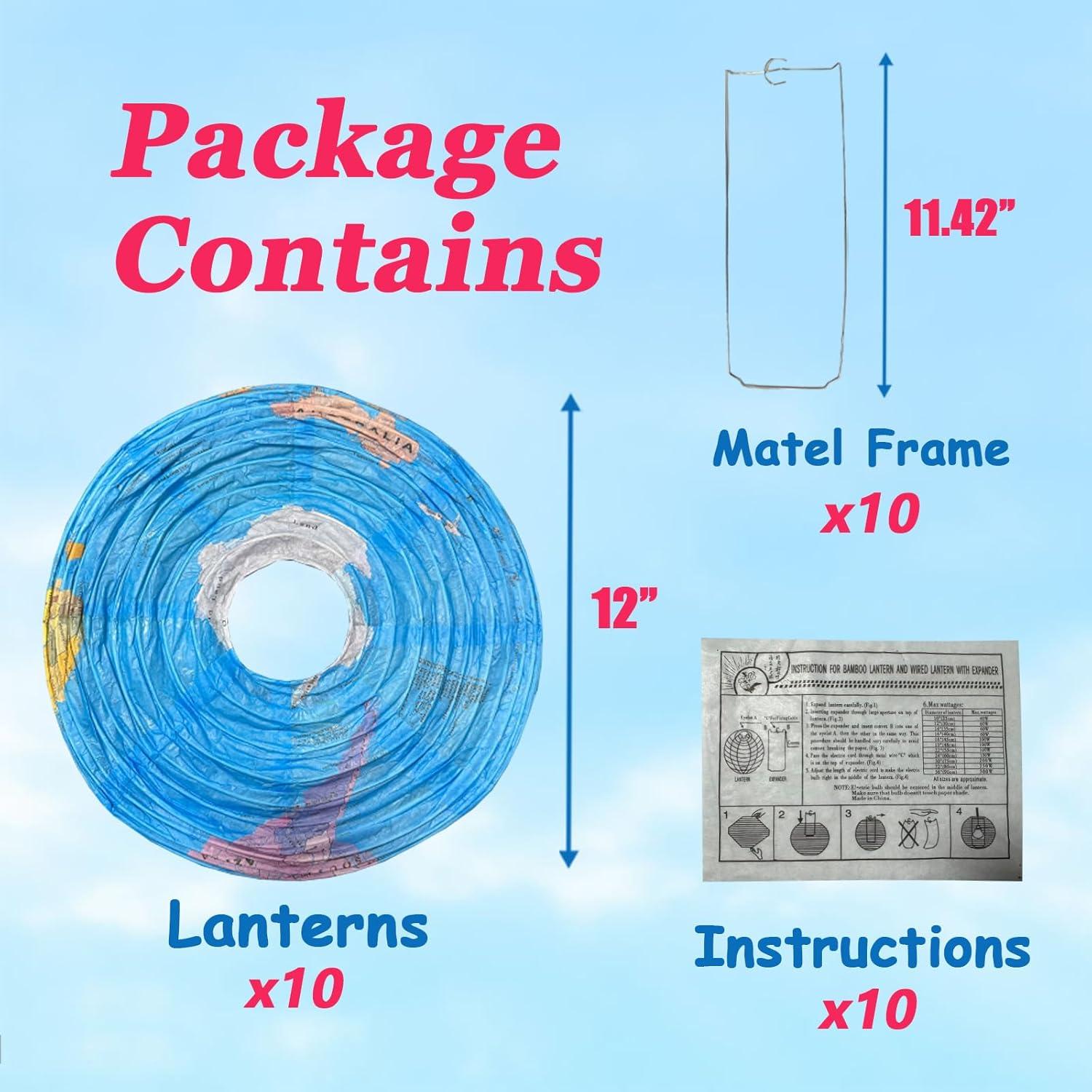 Conjunto de 10 Lámparas de Papel Mapa Mundial JIEFULL 30 cm