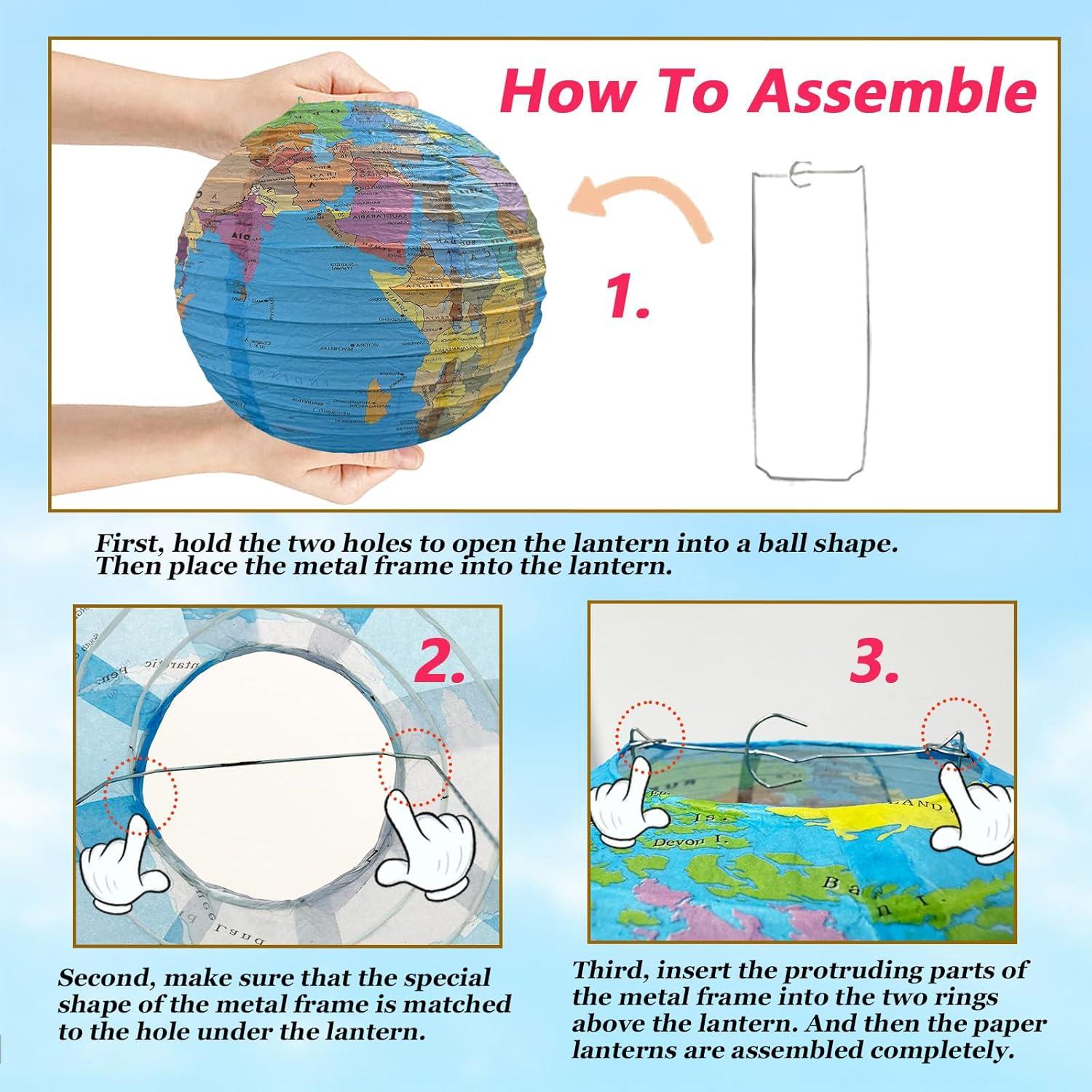 Conjunto de 10 Lámparas de Papel Mapa Mundial JIEFULL 30 cm