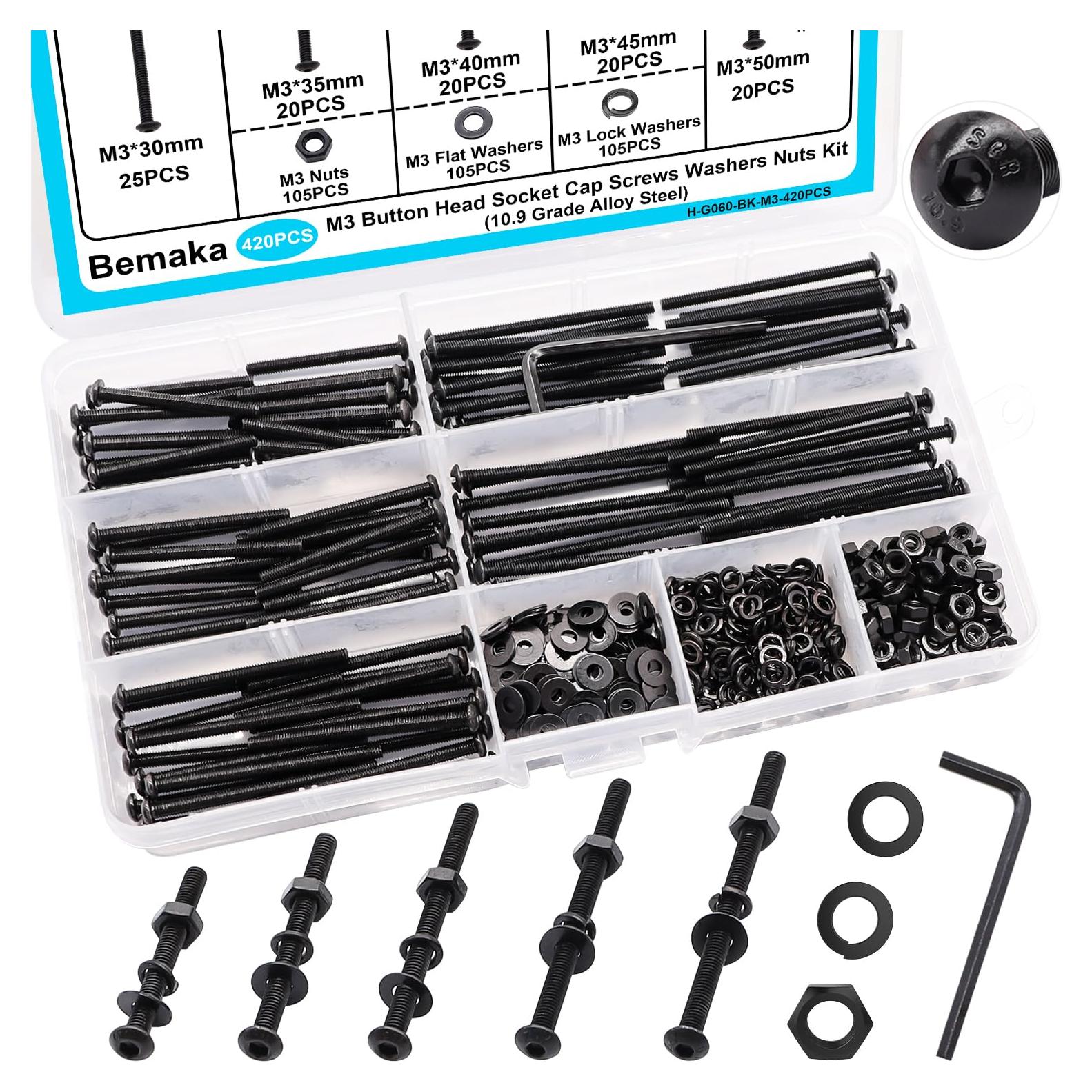 Kit 420PCS Tornillos M3 Hexagonales con Tuercas y Arandelas Bemaka