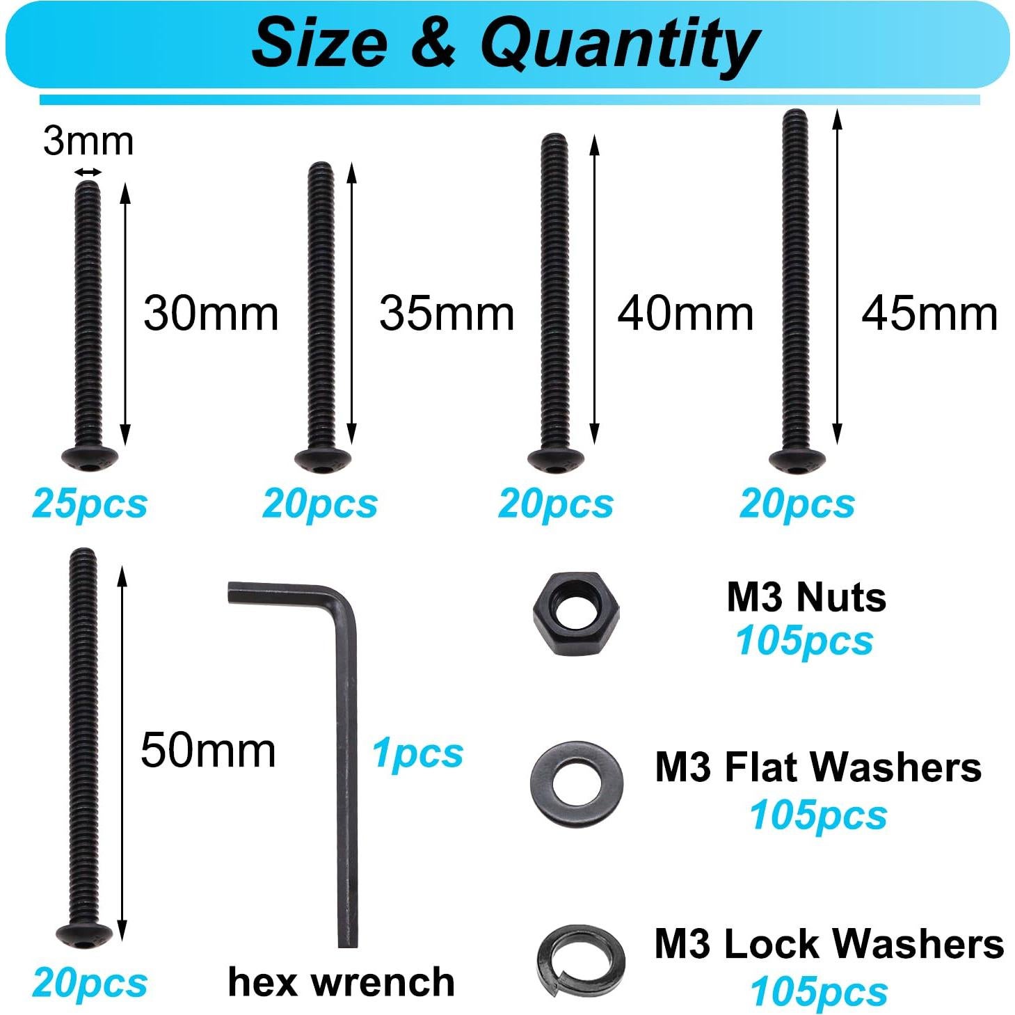 Kit 420PCS Tornillos M3 Hexagonales con Tuercas y Arandelas Bemaka