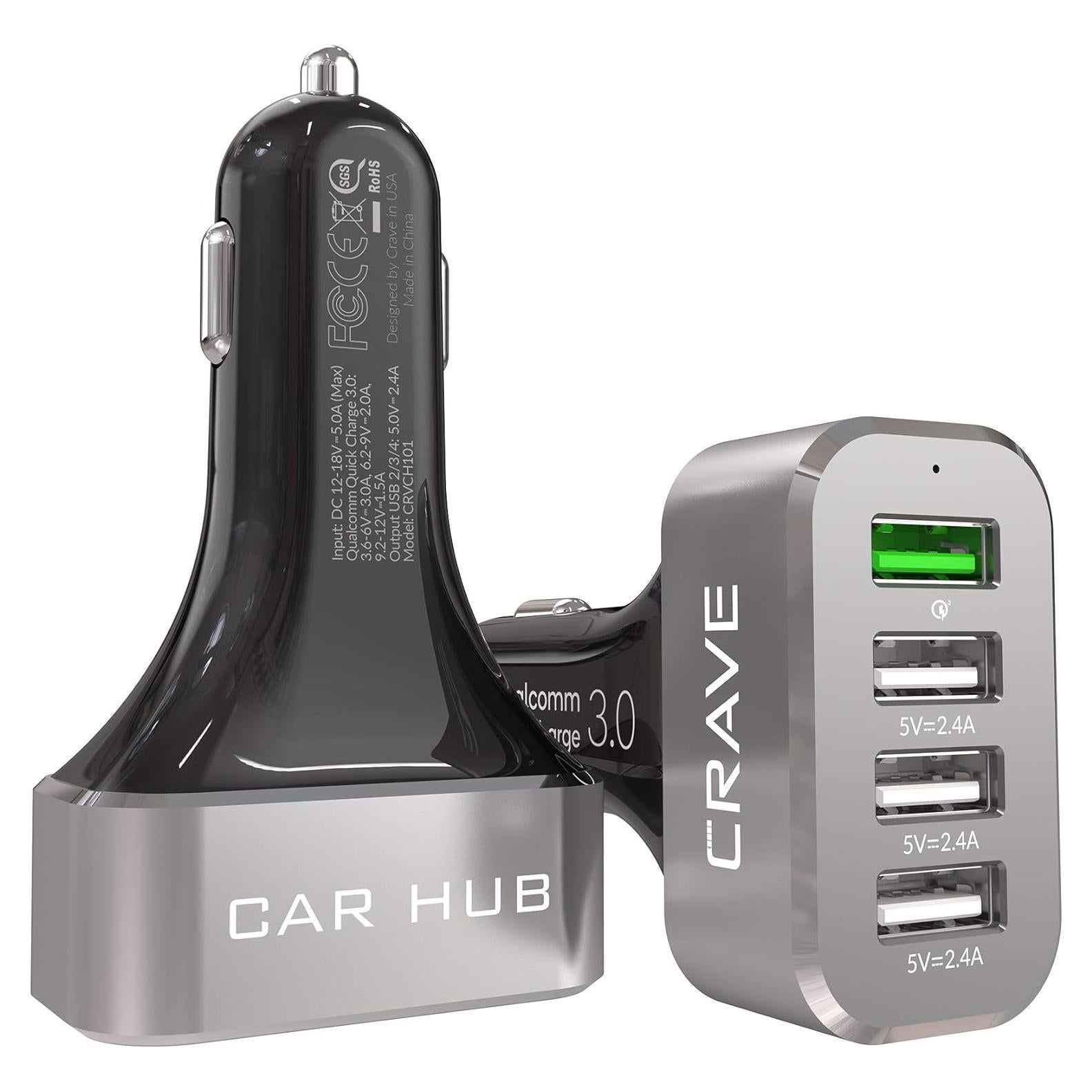 Cargador de coche Crave CarHub 54W 4 puertos USB QC 3.0 Negro