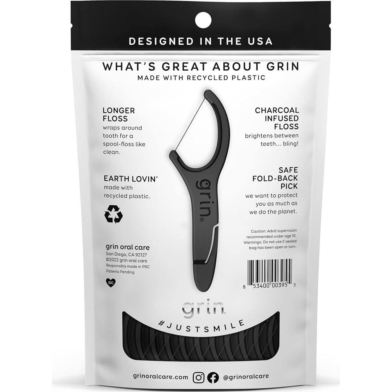 GRIN White Charcoal Infused Flosspyx, 75 Count, Dental Flossers, Minty Flavor, Recycled Plastic, Charcoal Infused Floss Picks, Premium Longer Floss Head, Easy Slide, Includes Soft Fold-Back Tooth Pick