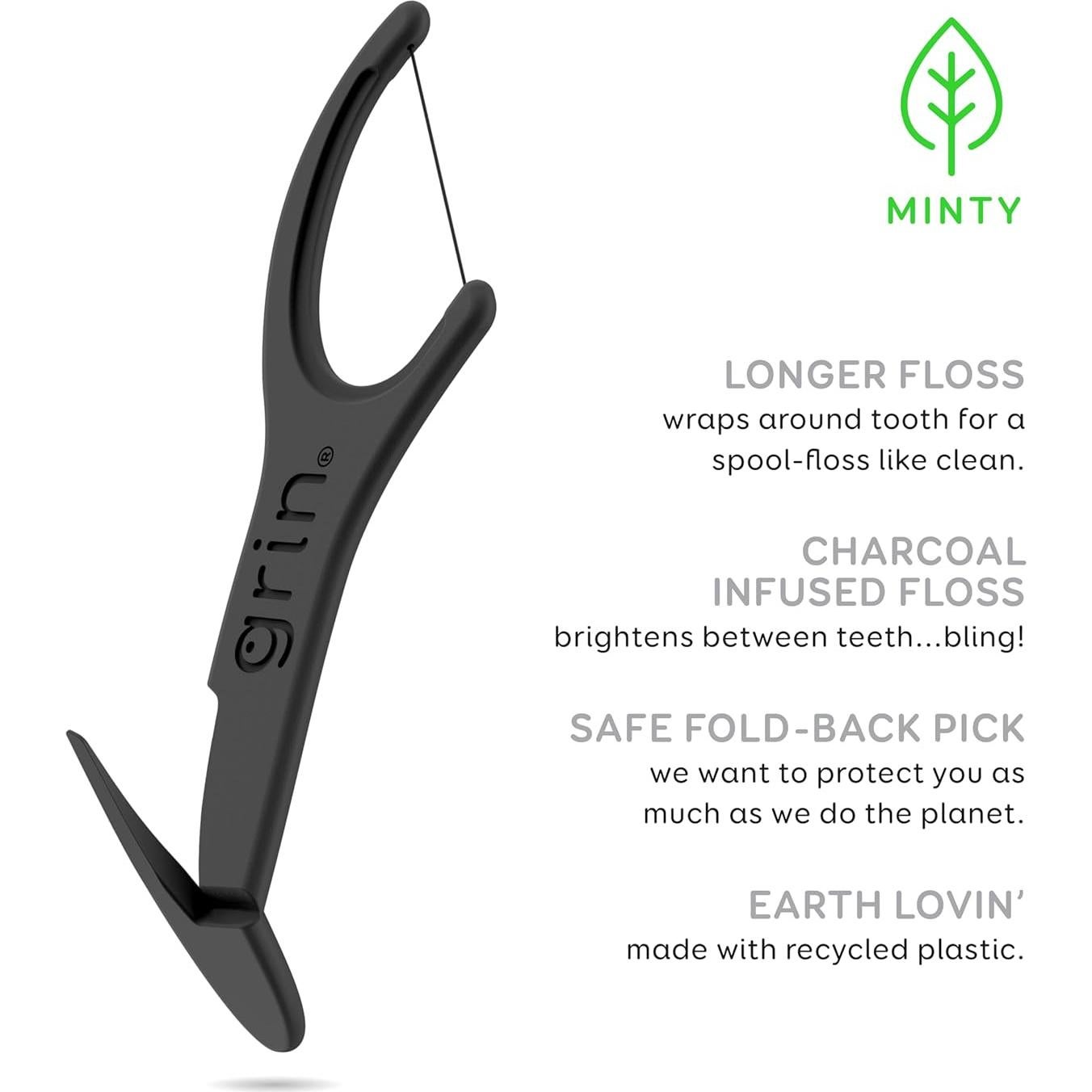 GRIN White Charcoal Infused Flosspyx, 75 Count, Dental Flossers, Minty Flavor, Recycled Plastic, Charcoal Infused Floss Picks, Premium Longer Floss Head, Easy Slide, Includes Soft Fold-Back Tooth Pick
