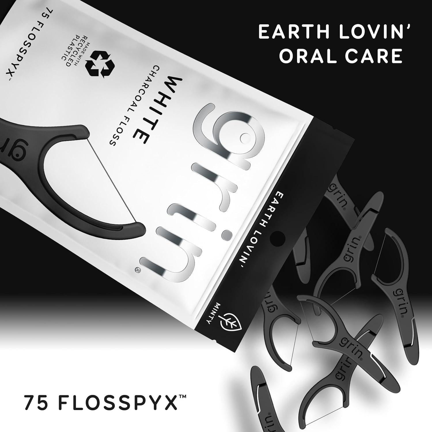 GRIN White Charcoal Infused Flosspyx, 75 Count, Dental Flossers, Minty Flavor, Recycled Plastic, Charcoal Infused Floss Picks, Premium Longer Floss Head, Easy Slide, Includes Soft Fold-Back Tooth Pick