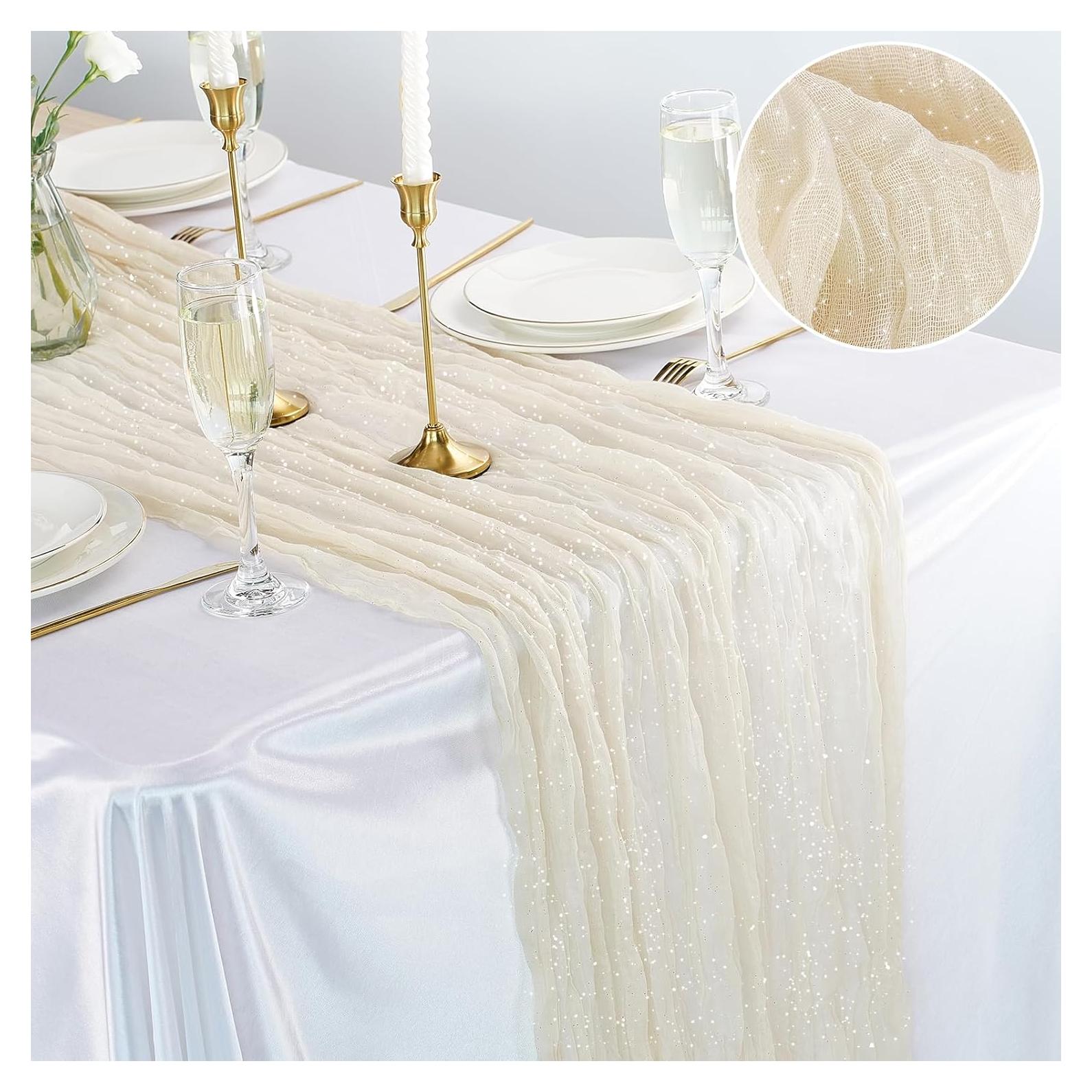 Corredor de Mesa Brillante Gasa Beige 3.05 m para Bodas y Fiestas