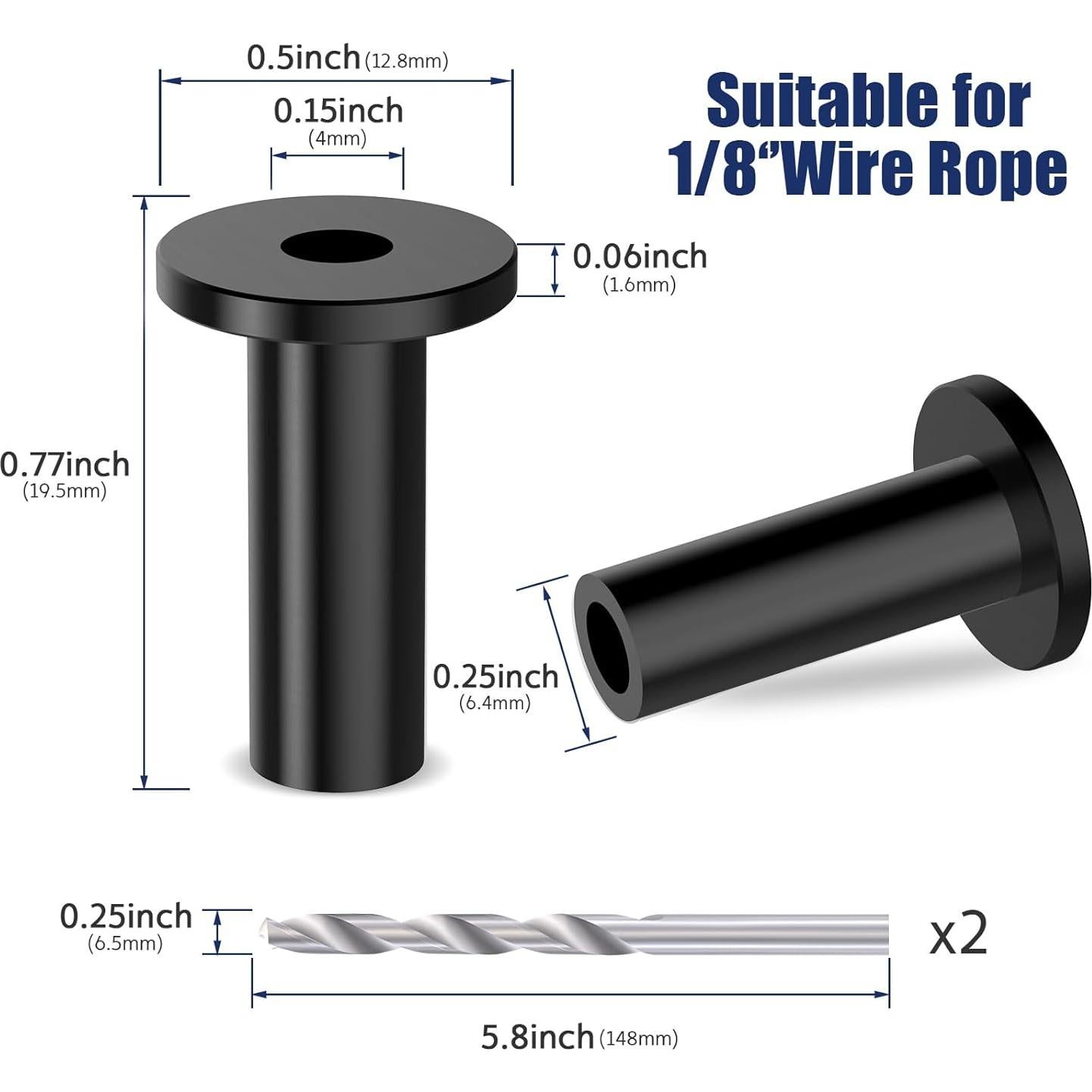 50 Manguitos Protectores Acero Inoxidable T316 Negros 1/8"