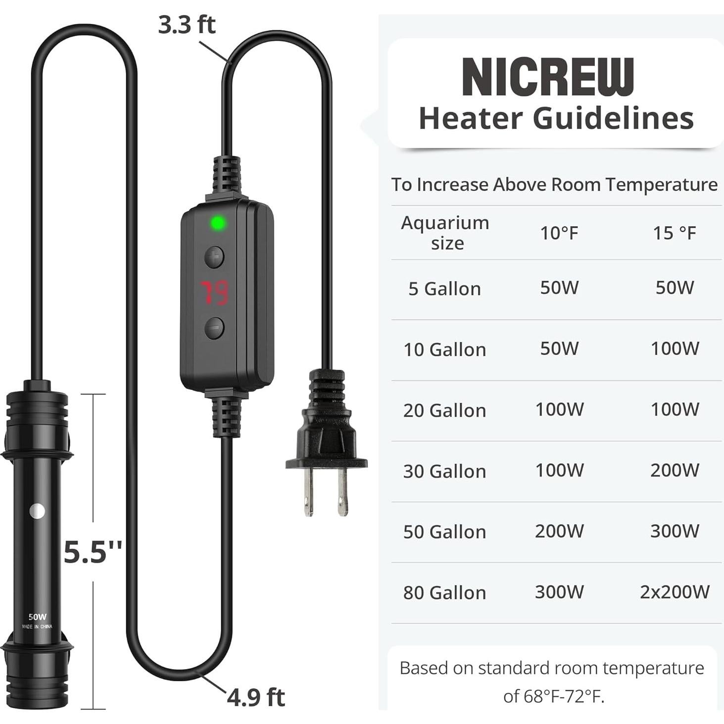 Calentador de Acuario NICREW 50W con Controlador Ajustable