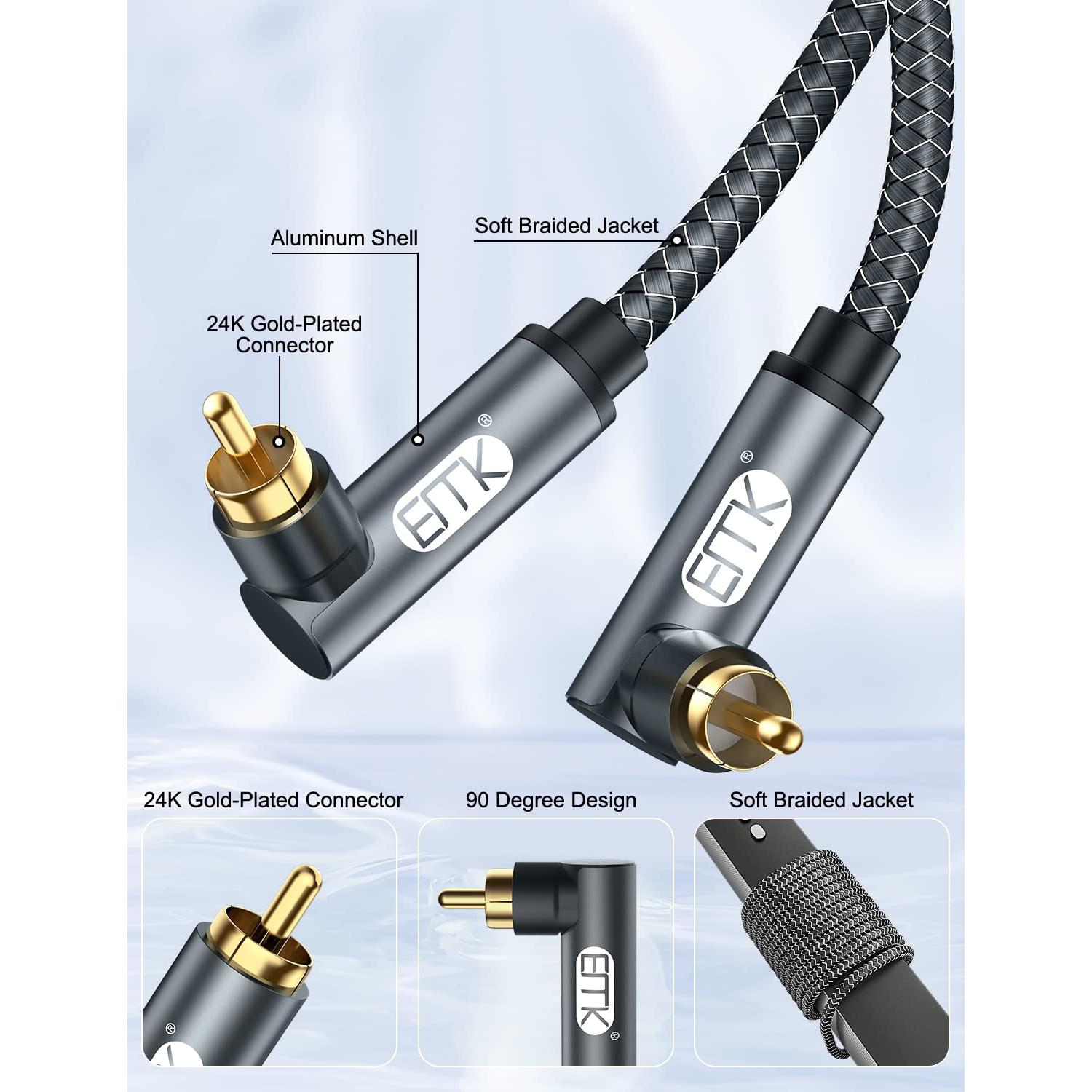 Cable RCA Doble 90 Grados EMK 1M Macho a Macho Gris