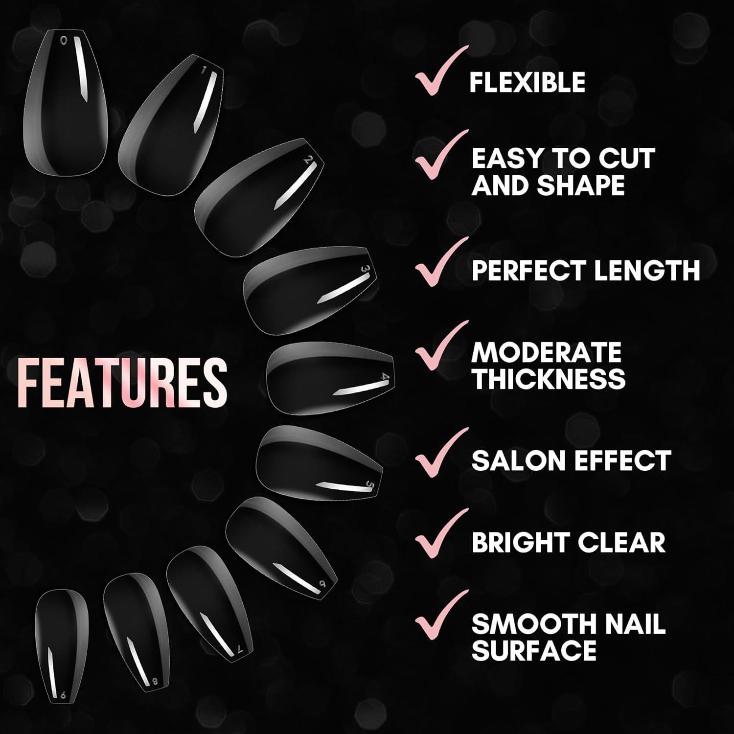 Uñas Falsas Coffin Cortas Makartt - 500pcs Transparentes