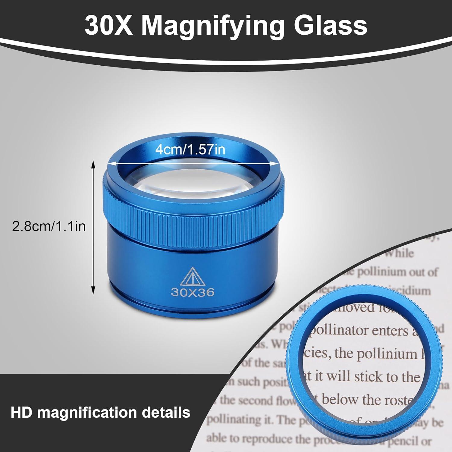 Rongon Pocket Magnifying Glass, Jewelers Loupe Magnifier 30x, Portable Magnifying Glasses, Double Glass Lens for Jewelry Seniors Reading Newspapers Scope Stamps Crafts Watch Repair (Blue, 30X36MM)