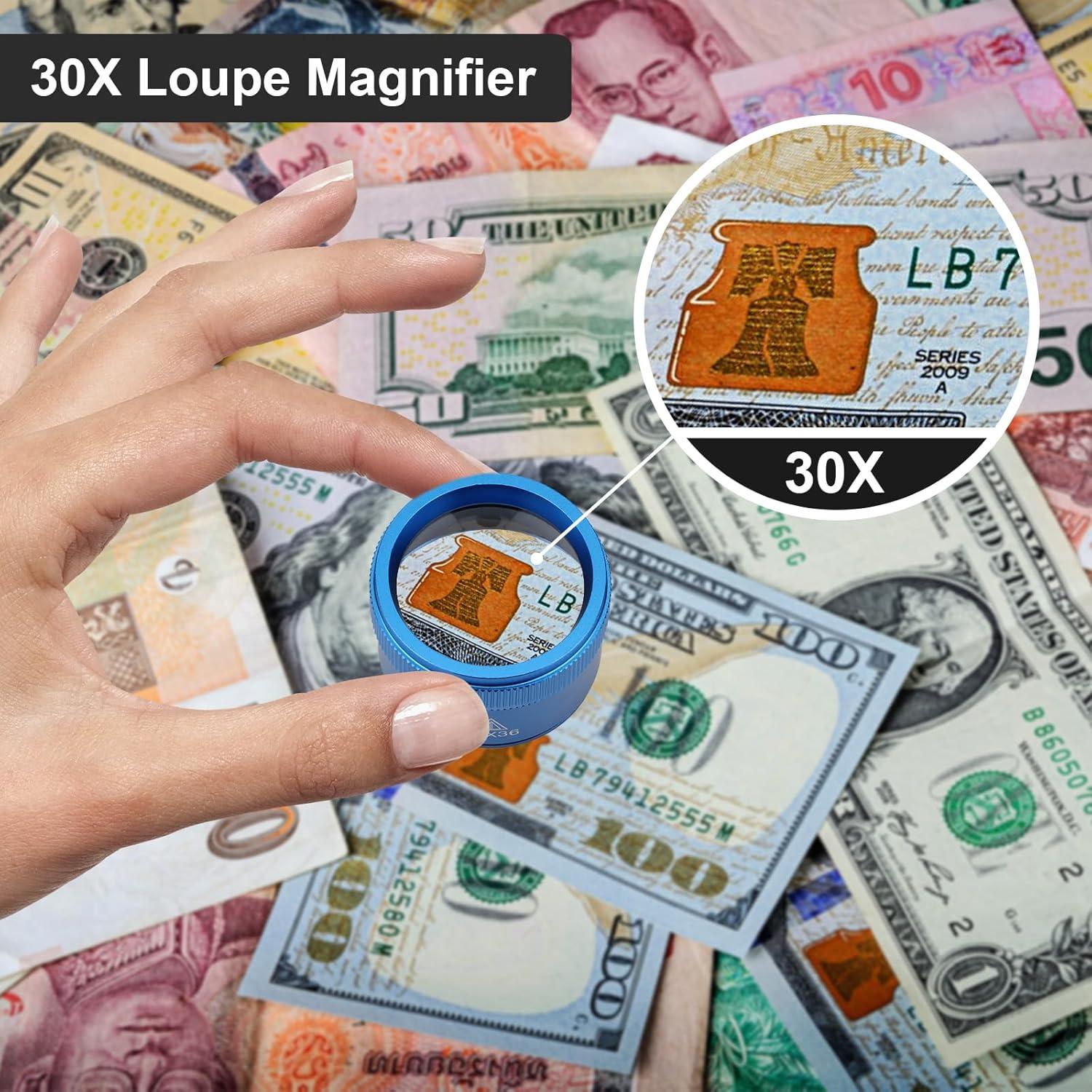 Rongon Pocket Magnifying Glass, Jewelers Loupe Magnifier 30x, Portable Magnifying Glasses, Double Glass Lens for Jewelry Seniors Reading Newspapers Scope Stamps Crafts Watch Repair (Blue, 30X36MM)