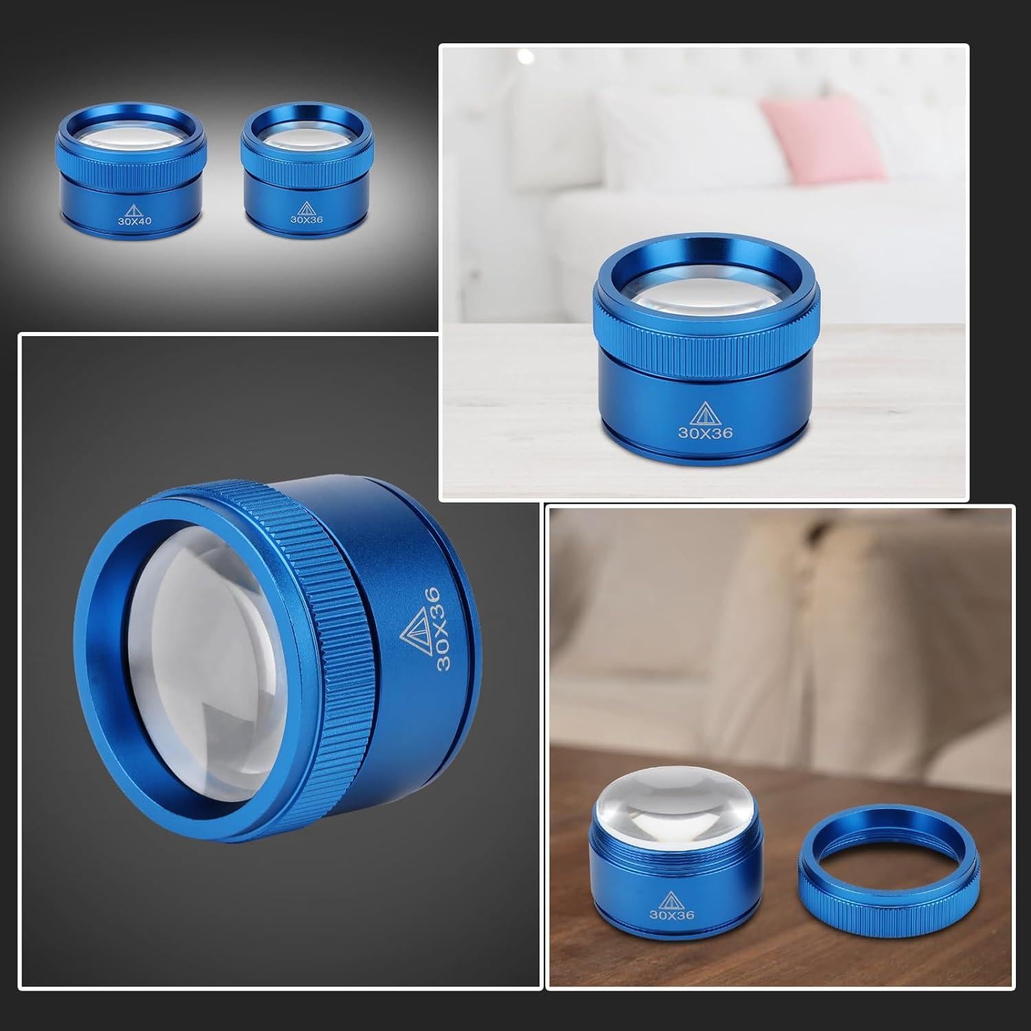 Rongon Pocket Magnifying Glass, Jewelers Loupe Magnifier 30x, Portable Magnifying Glasses, Double Glass Lens for Jewelry Seniors Reading Newspapers Scope Stamps Crafts Watch Repair (Blue, 30X36MM)