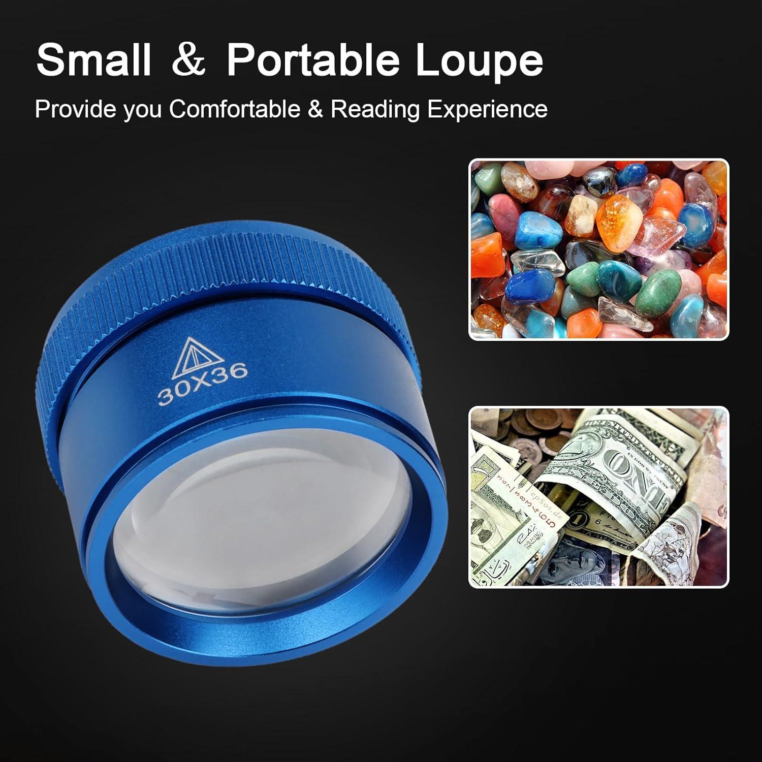 Rongon Pocket Magnifying Glass, Jewelers Loupe Magnifier 30x, Portable Magnifying Glasses, Double Glass Lens for Jewelry Seniors Reading Newspapers Scope Stamps Crafts Watch Repair (Blue, 30X36MM)