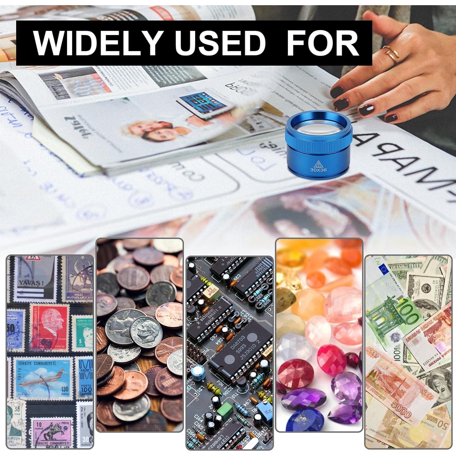 Rongon Pocket Magnifying Glass, Jewelers Loupe Magnifier 30x, Portable Magnifying Glasses, Double Glass Lens for Jewelry Seniors Reading Newspapers Scope Stamps Crafts Watch Repair (Blue, 30X36MM)