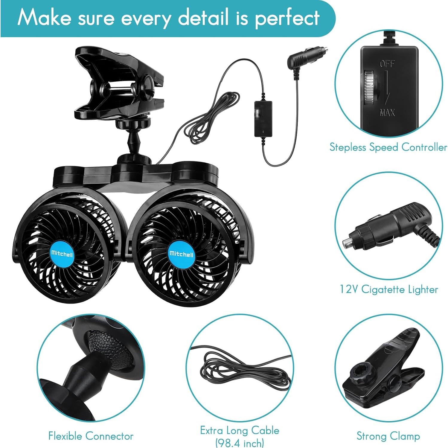 Ventilador de Coche Hynoo 12V Doble Cabeza Ajustable 360°