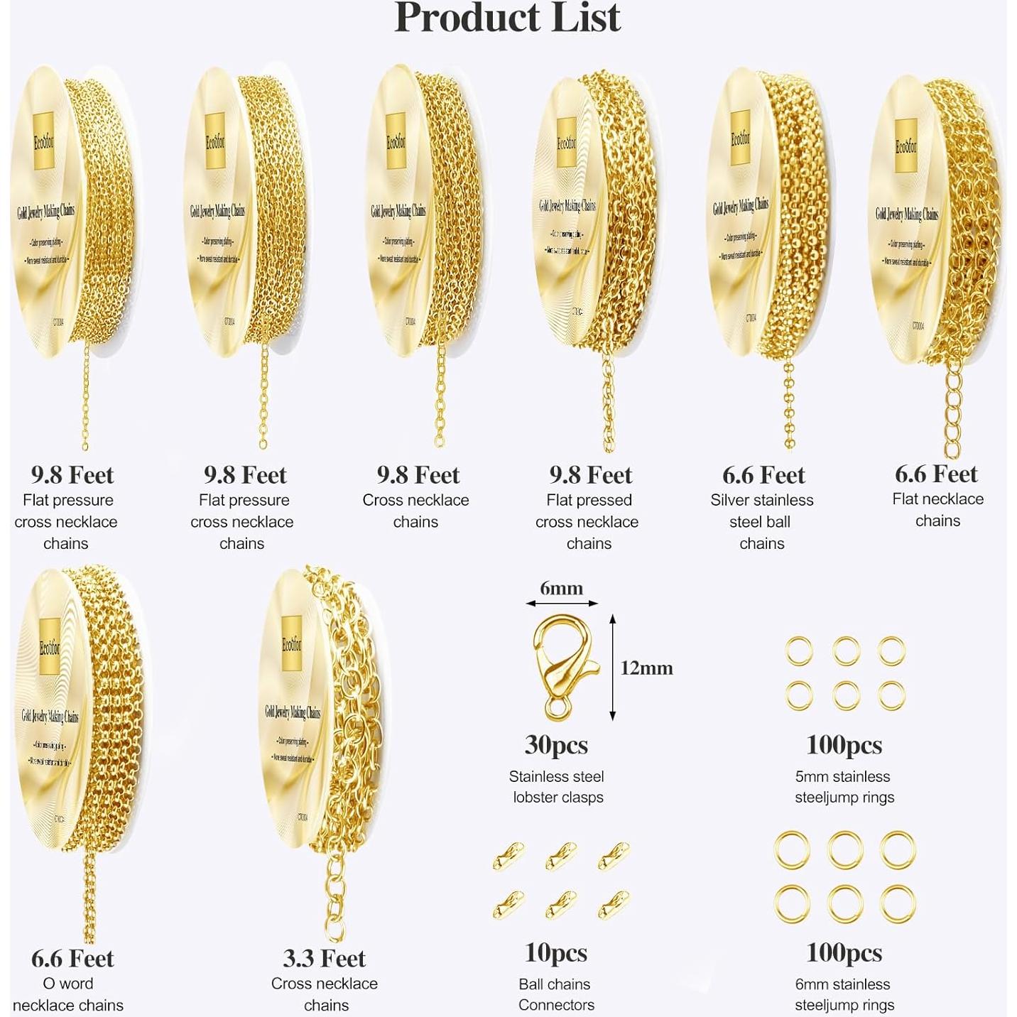 Cadenas de Collar Ecoofor Doradas 19m 8 Rollos para Joyería DIY