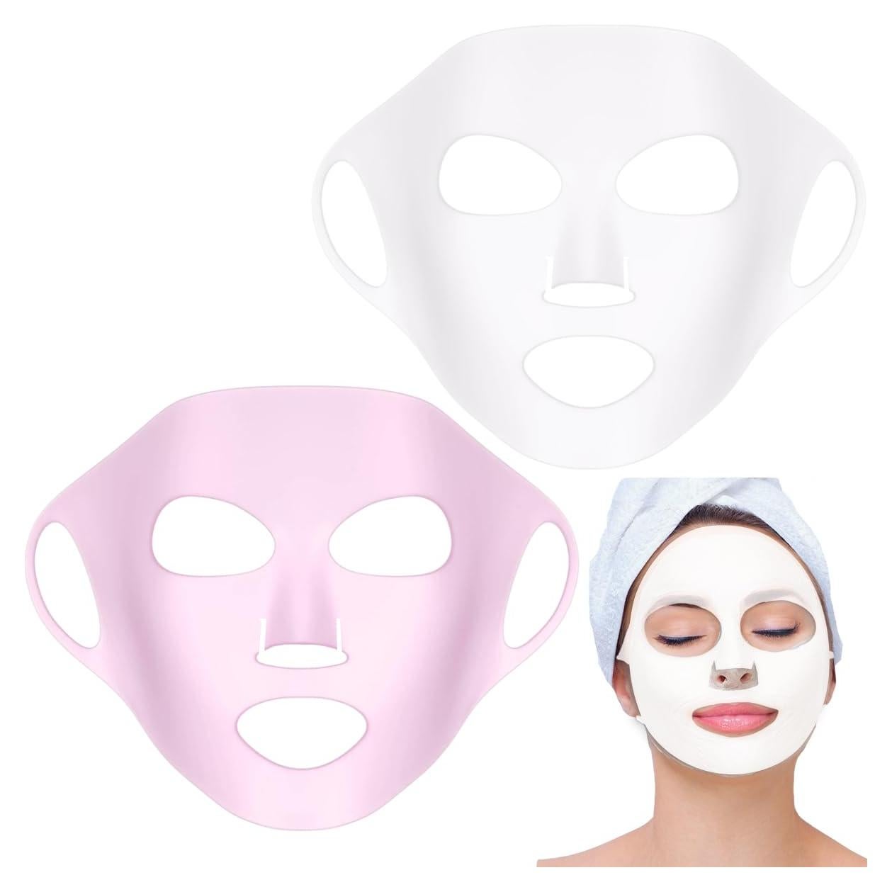 2 Pieces Silicone Mask, Reusable Anti-Wrinkle Silicone Face Mask for Sheet Prevent Evaporation Masks Face Care Tool Pink,White