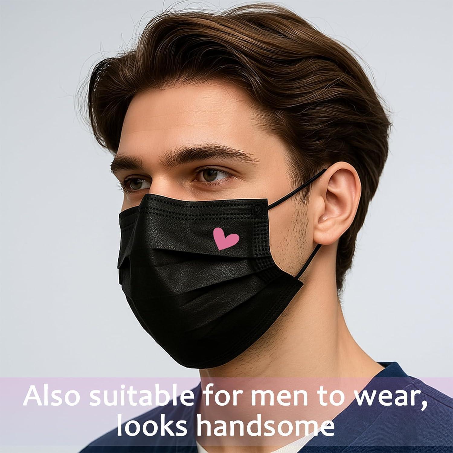 Paquete de 50 mascarillas desechables negras MEESOUL 3 capas con corazones