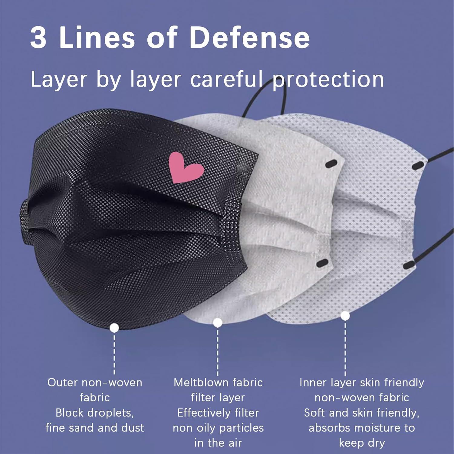 Paquete de 50 mascarillas desechables negras MEESOUL 3 capas con corazones
