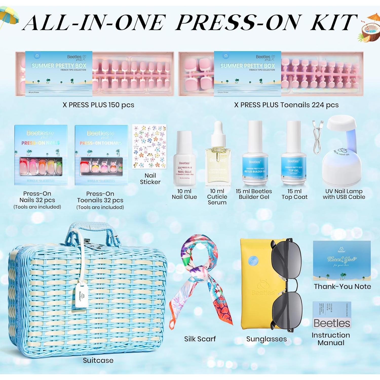 Kit de Uñas Postizas Beetles Verano con Gel y Herramientas